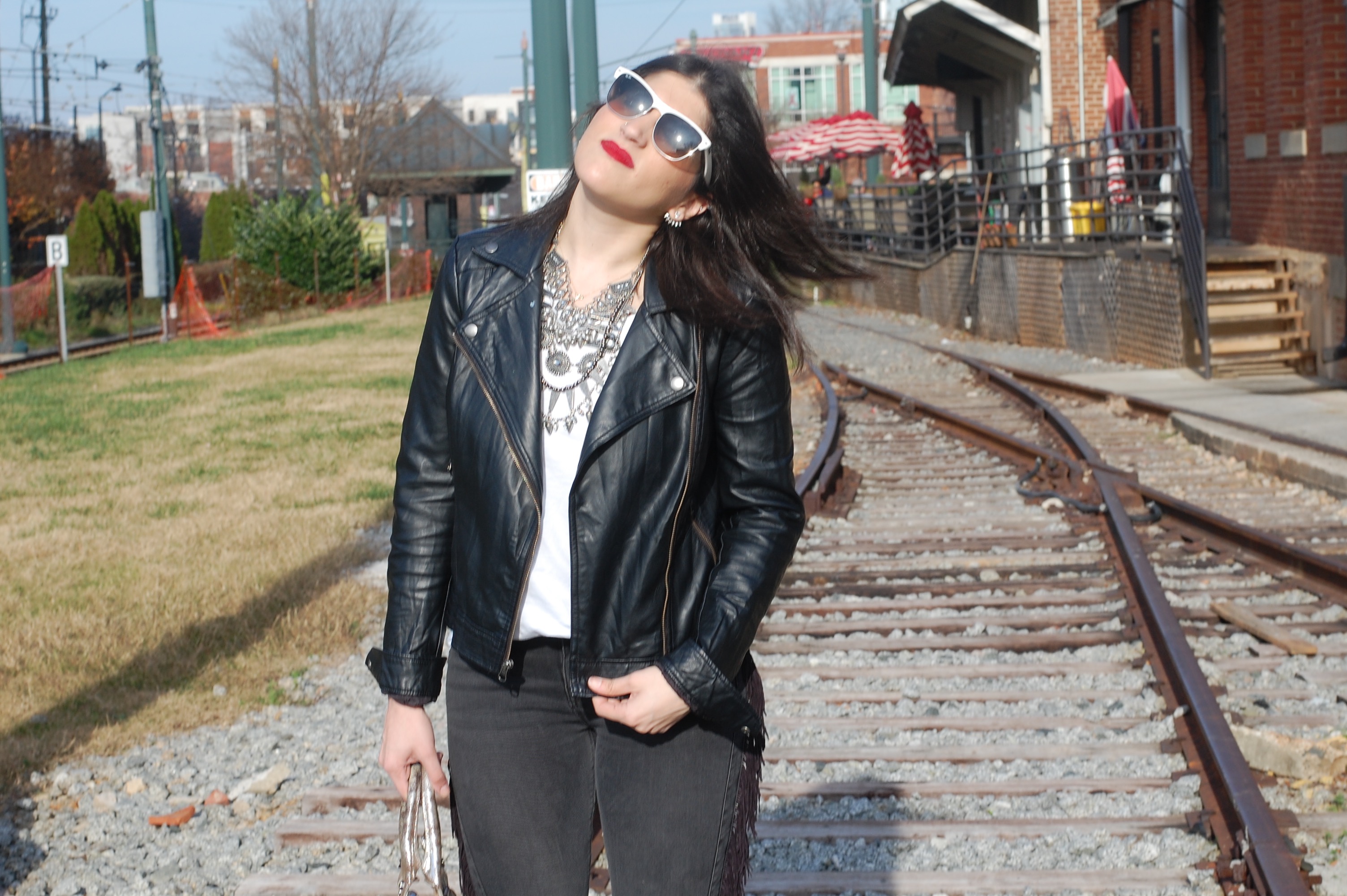 A2F Leather Jacket & Express Fringe Jeans 