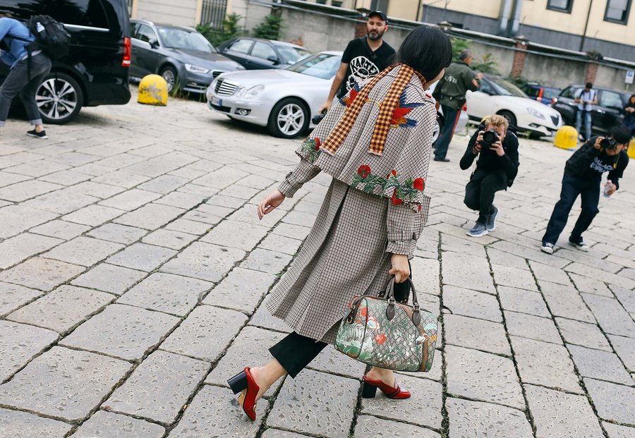 A2F Milan Street Style Susie Lau in Gucci, J Brand & Prada