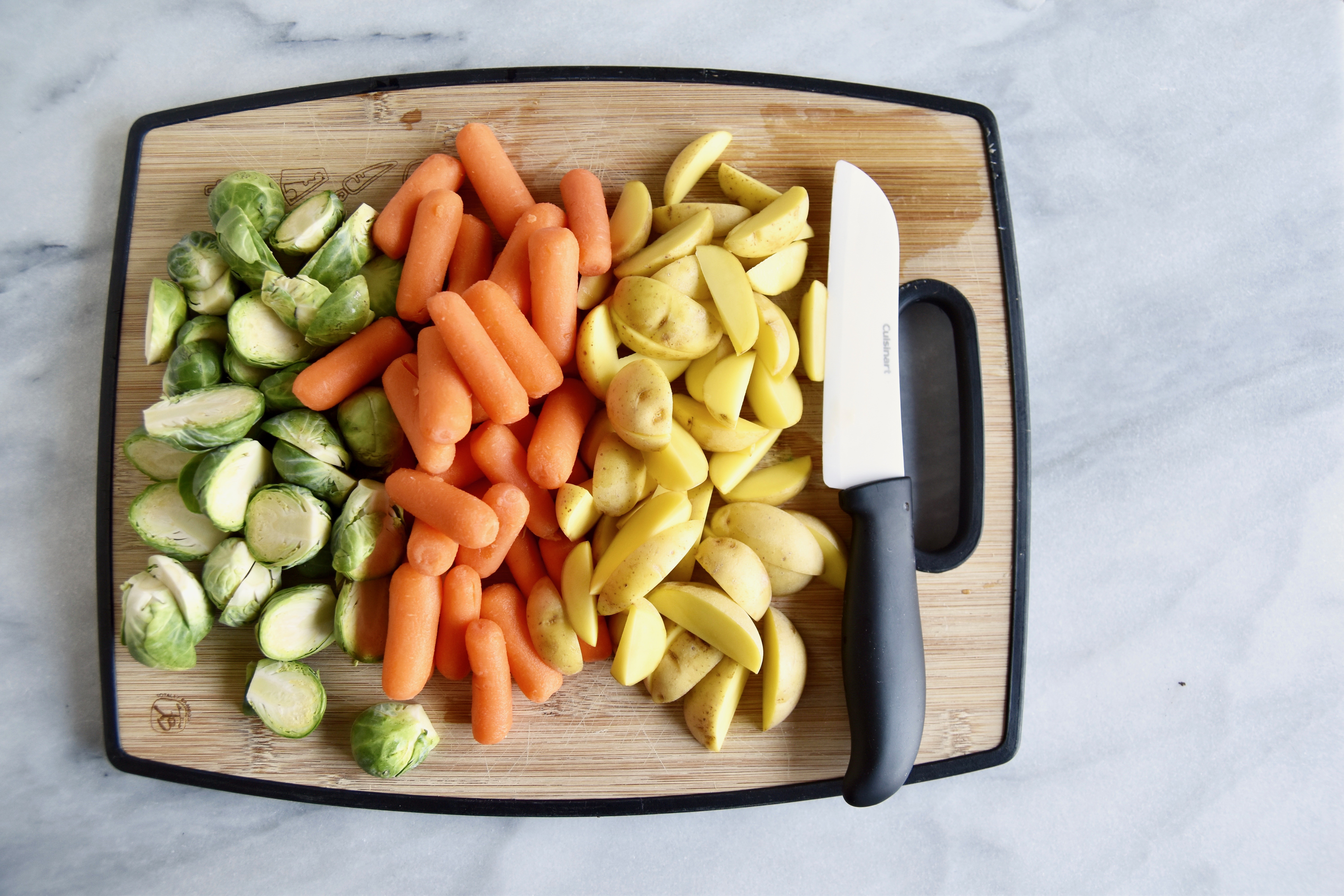 A2F chopped vegetables of brussel sprouts, carrots, and potatoes