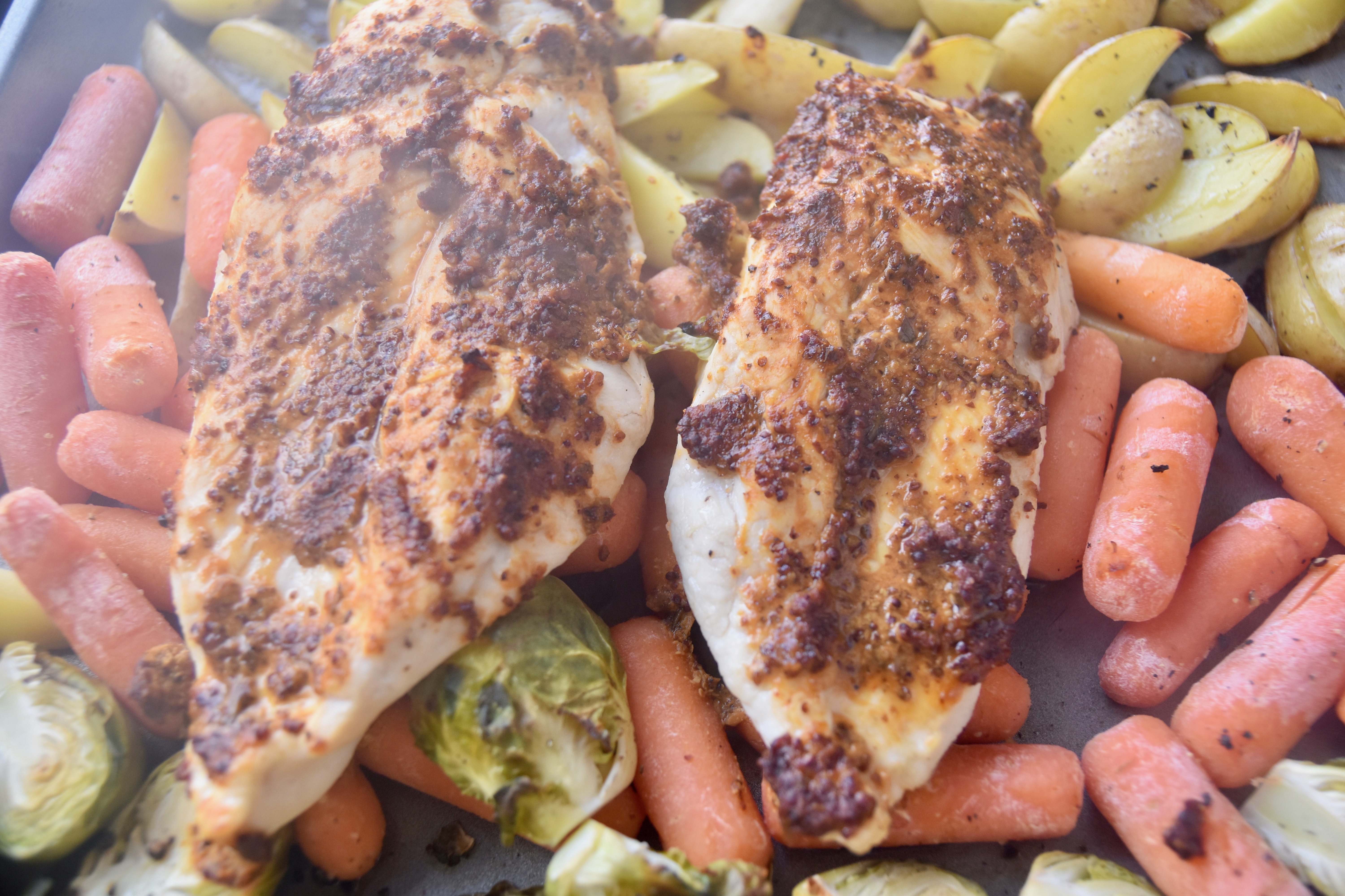 steaming hot mustard chicken on vegetables