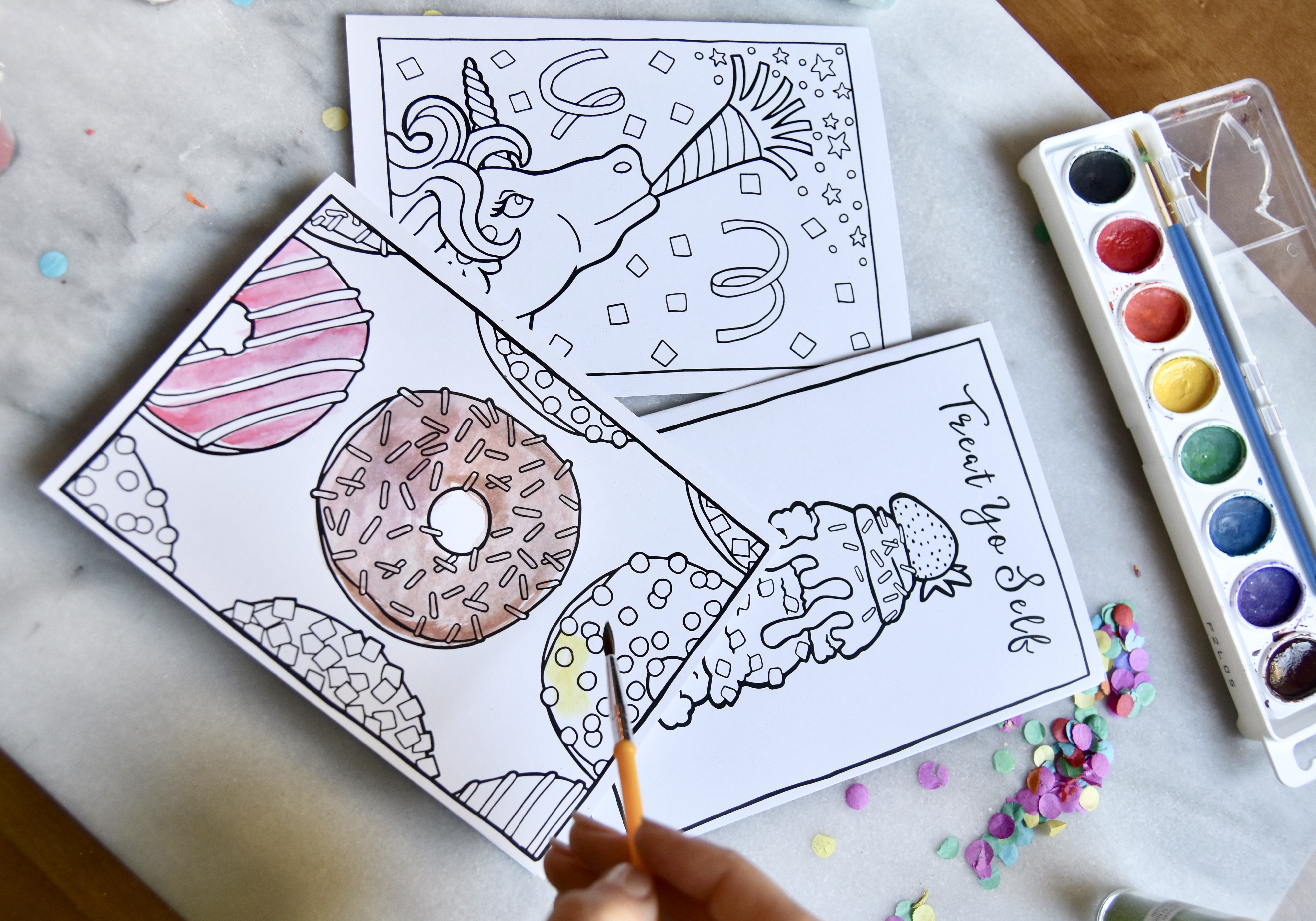 Brighter Sides Design donuts coloring card with water colors