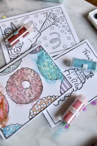 Brighter Sides Design donuts coloring card with water colors add glitter