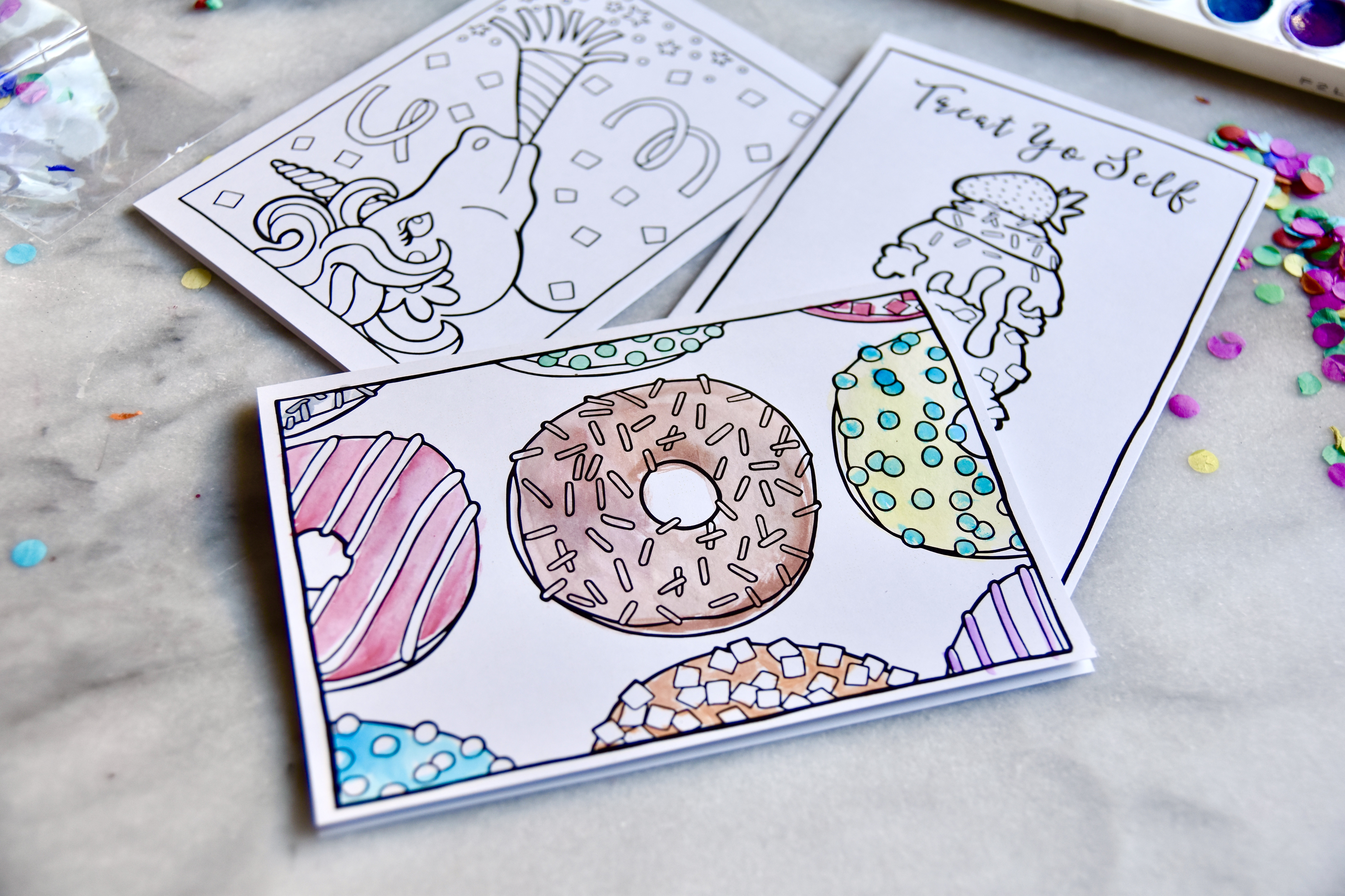 Brighter Sides Design donuts coloring card with water colors