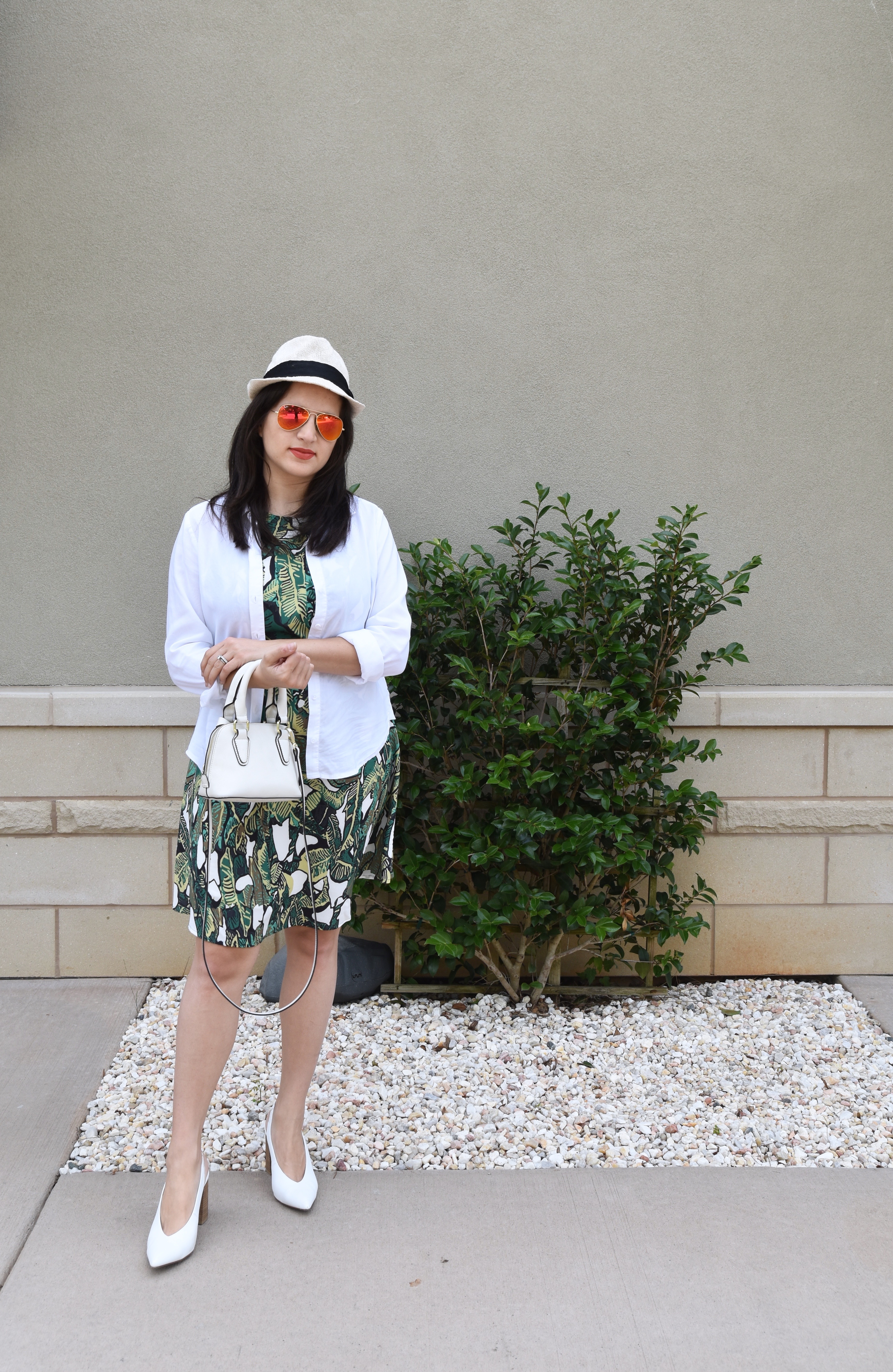 Shein dress, anthropologie jacket, rayban, fedora