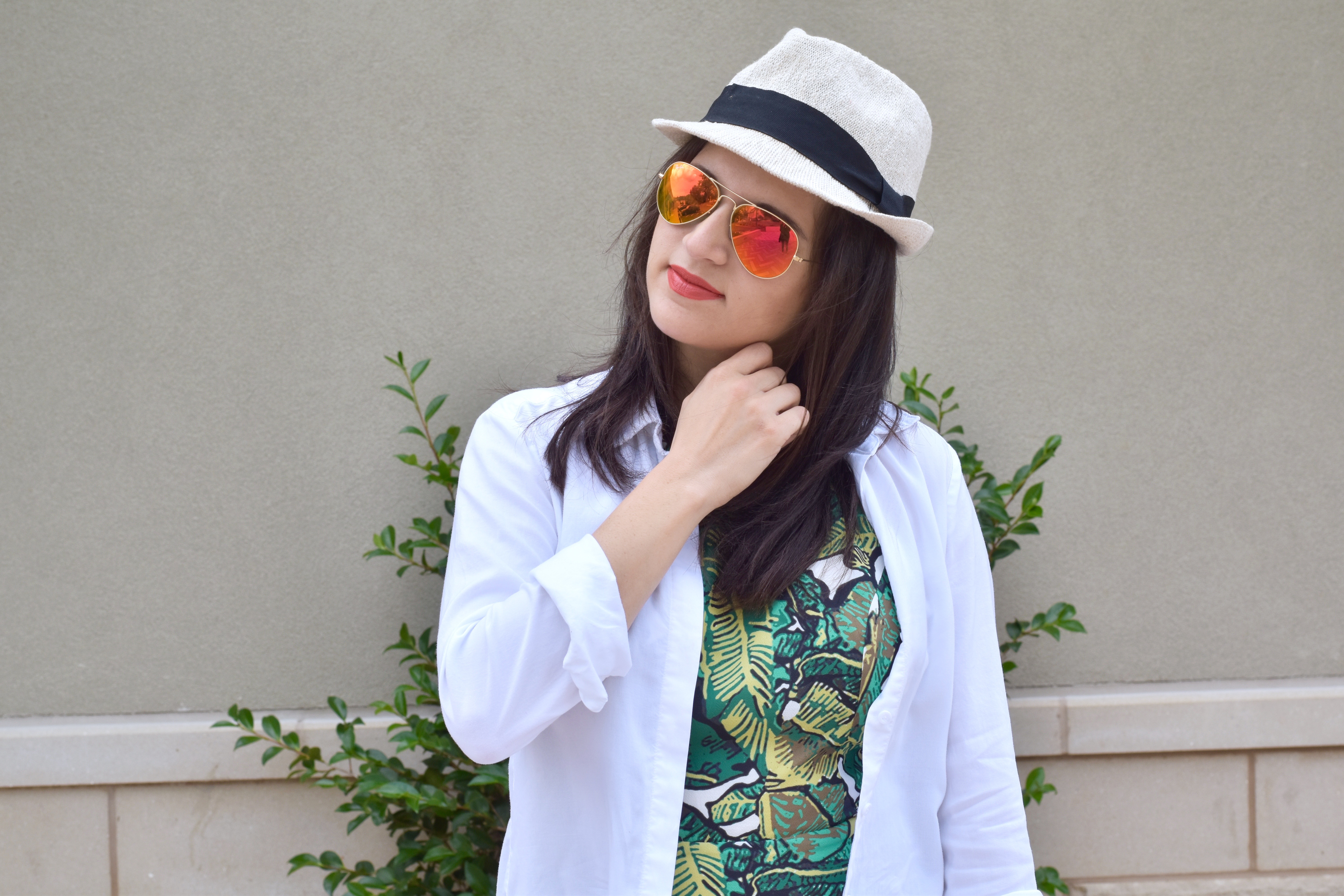 Shein dress, anthropologie jacket, rayban, fedora