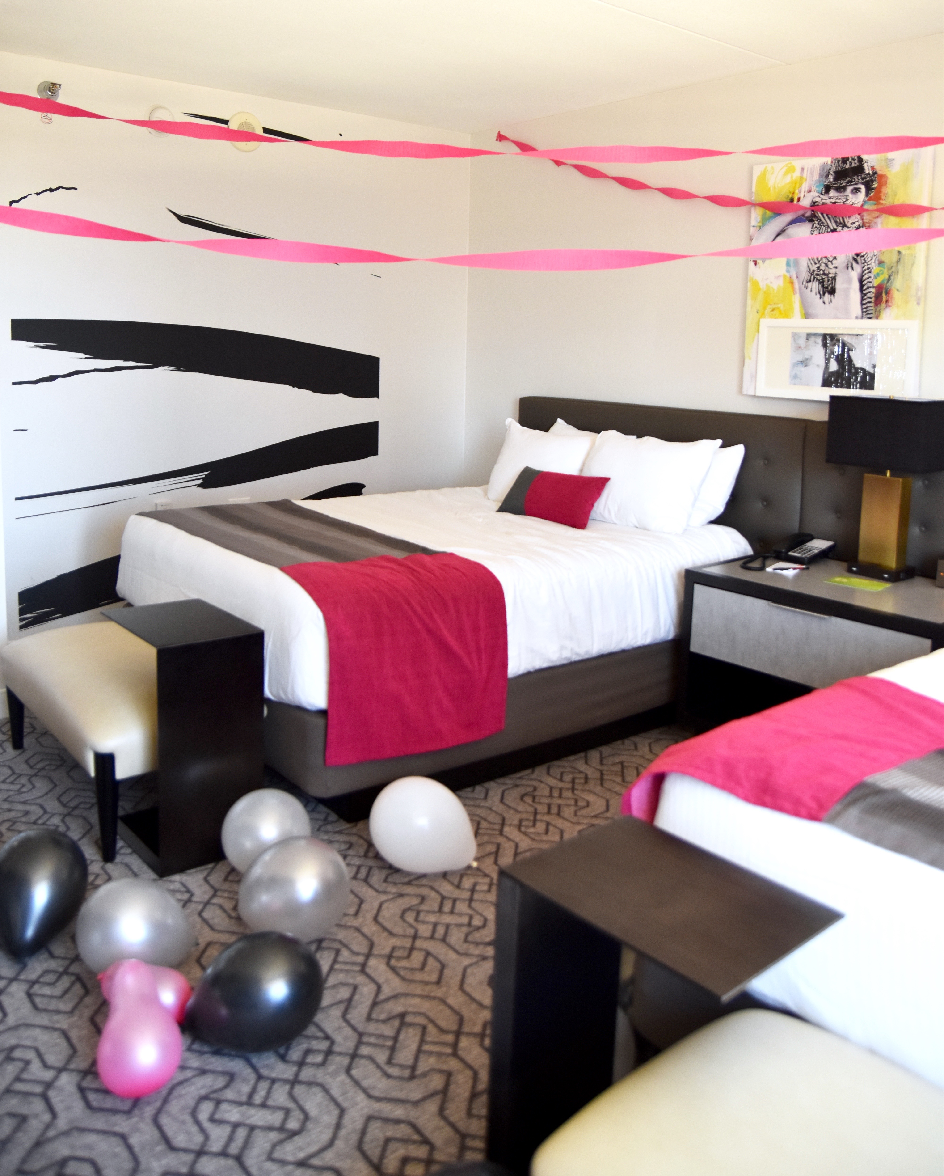 Bachelorette Hotel Decor streamers Planet Hollywood Las Vegas with pink, black, white, and silver