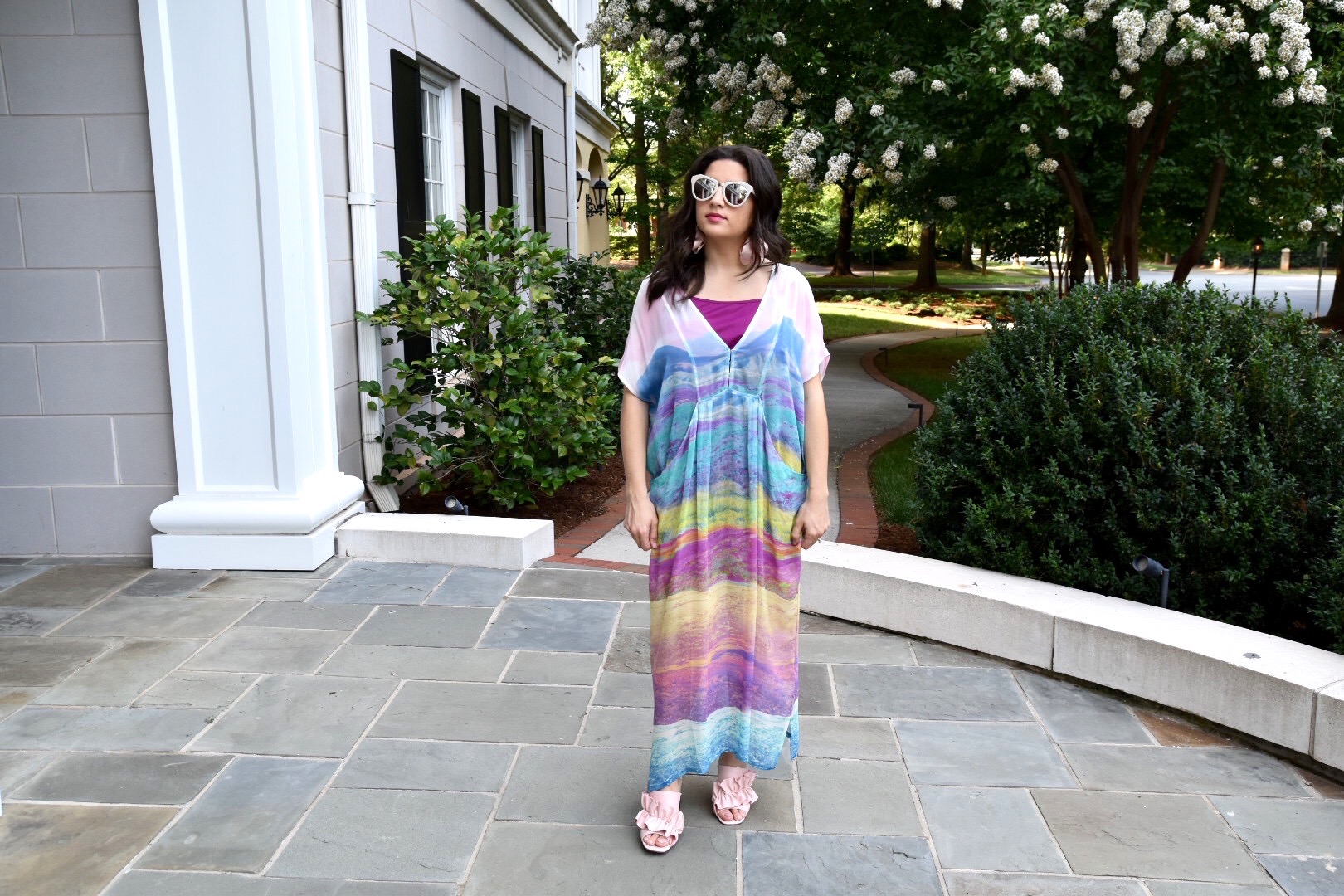 Free people watercolor dress with ASOS pink ruffle mules