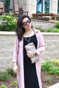 Black Old Navy dress with blush pink forever 21 duster with free people sunglasses and bcbg max azria pink and silver clutch