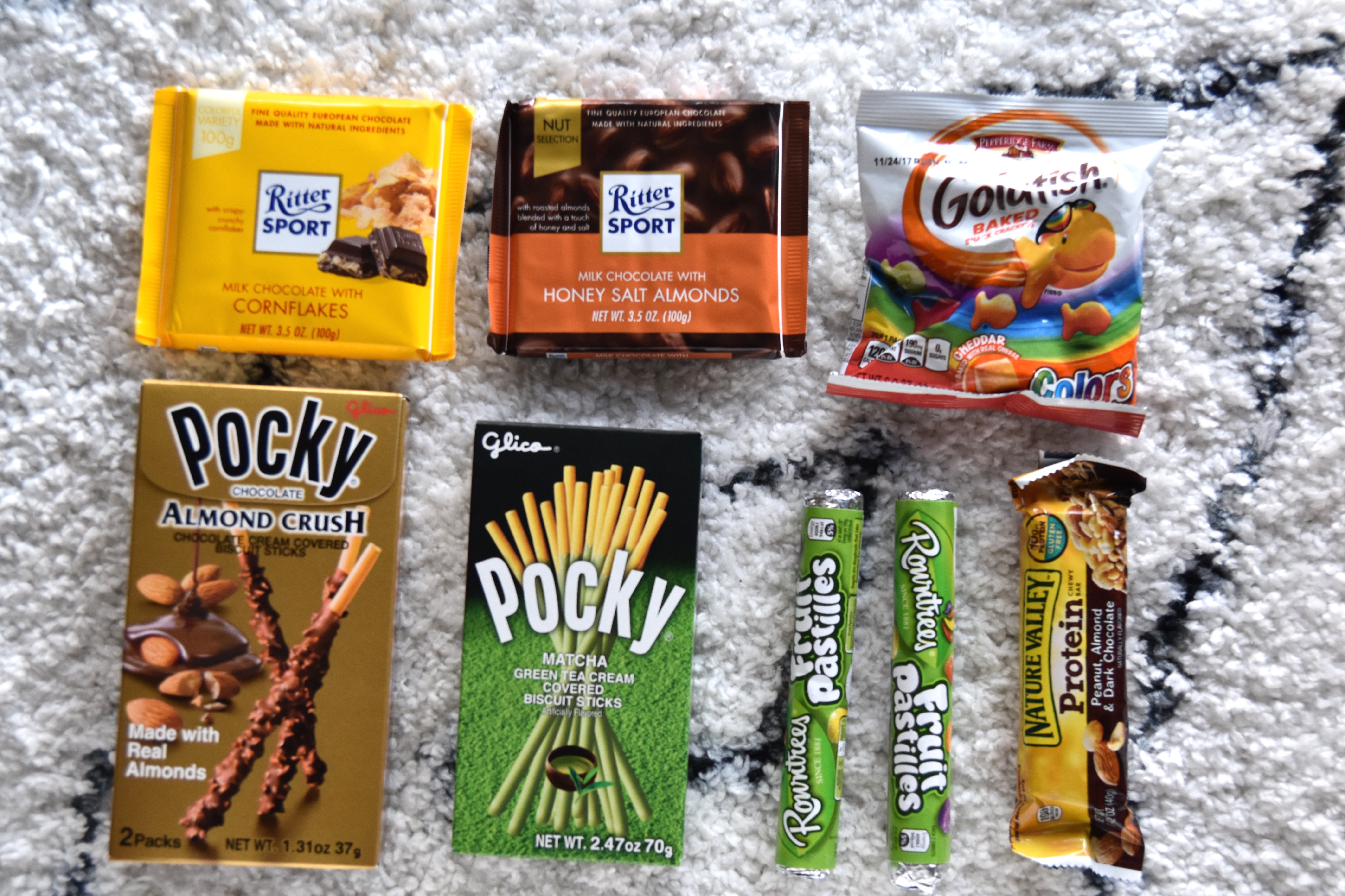 Ritter sport, pocky, goldfish, granola