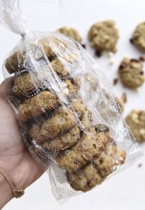 White chocolate cranberry pecan cookies packaged to go