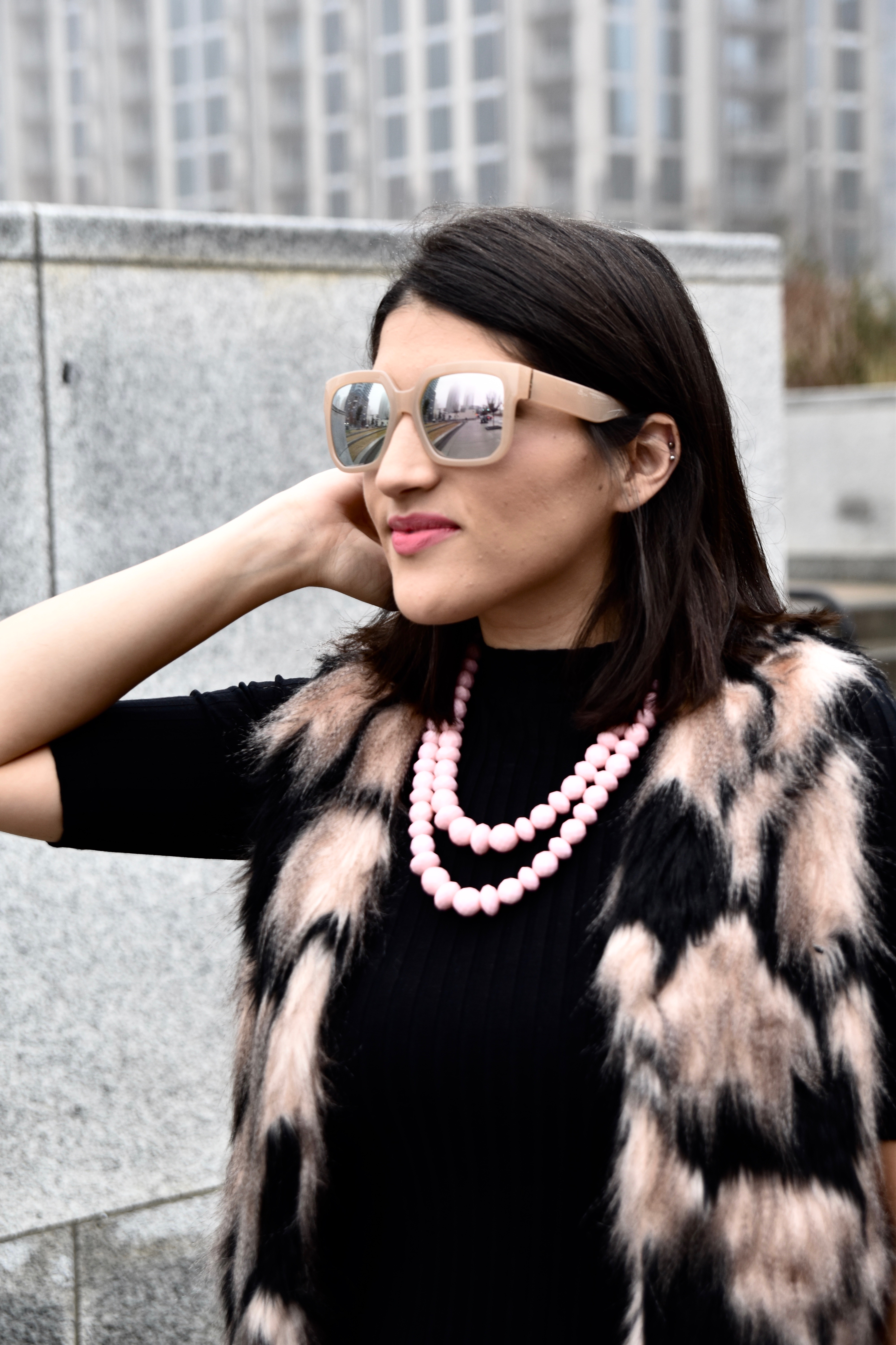 A2F Aya Up Close in Sugarfix by BaubleBar necklace & fur vest