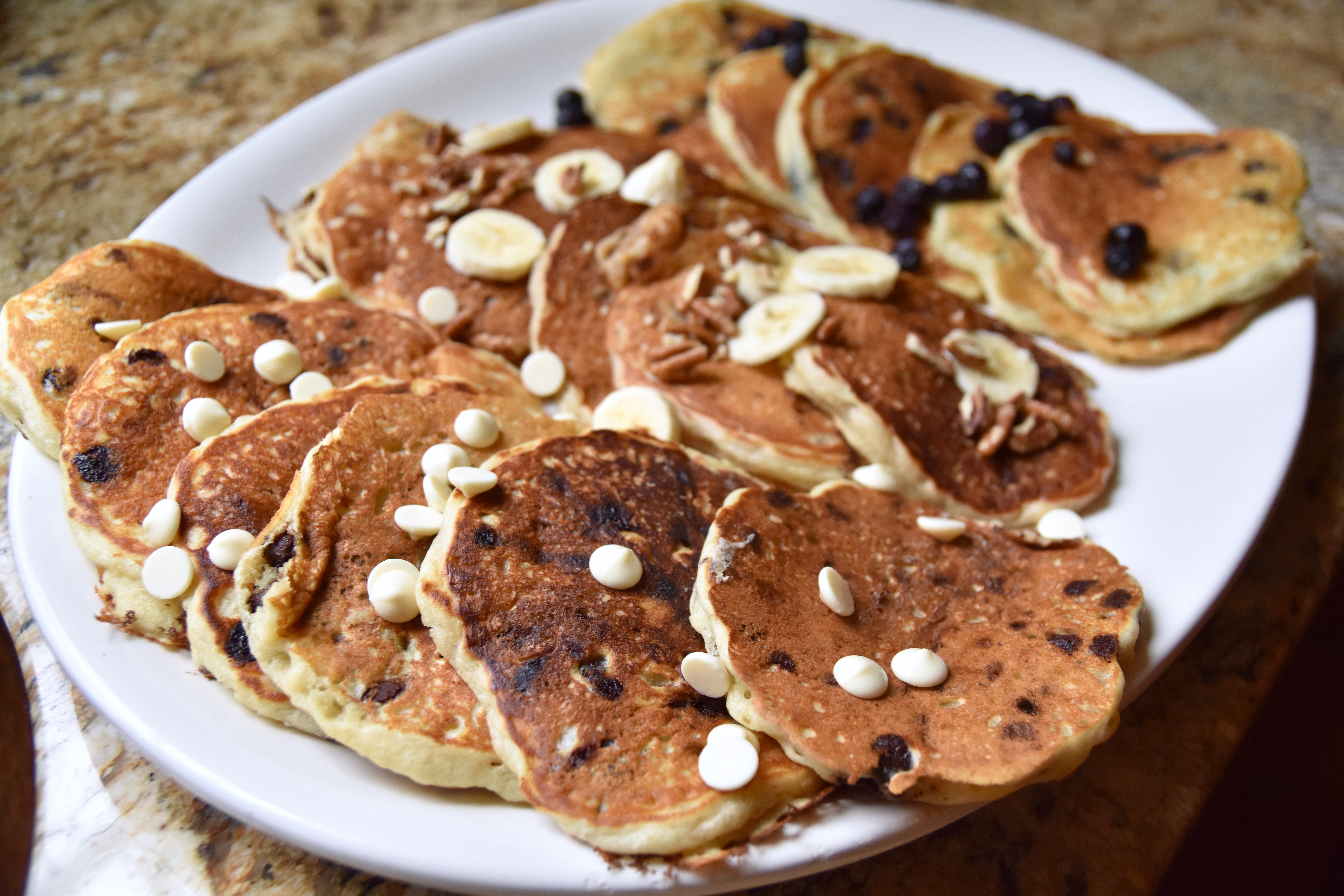 Chocolate chip pancakes, banana nut pancakes, and blueberry pancakes