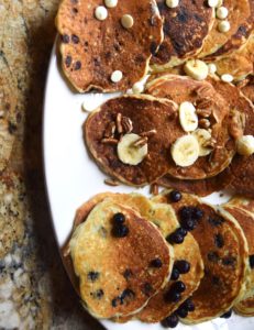 Chocolate chip pancakes, banana nut pancakes, and blueberry pancakes