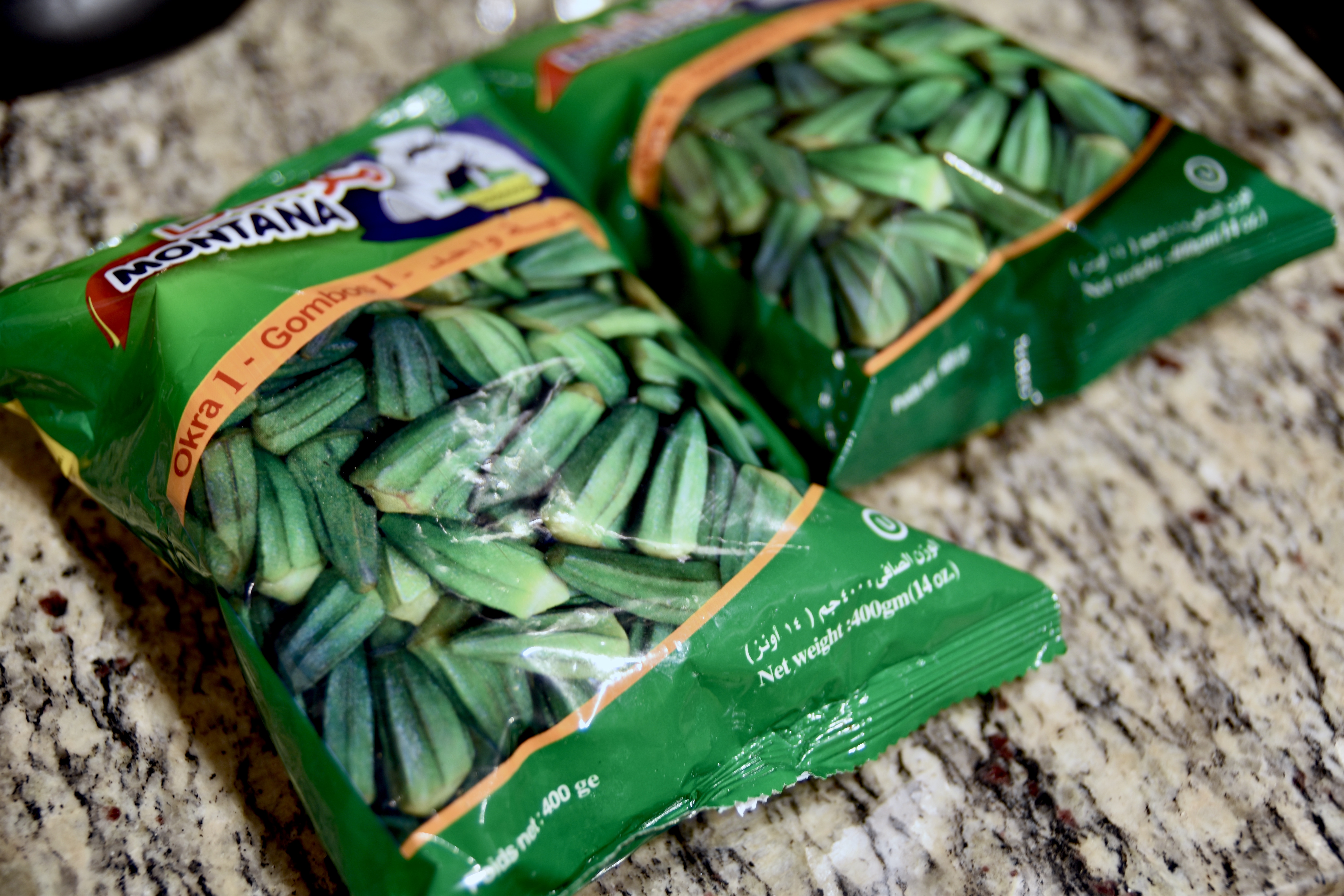 Bags of frozen okra