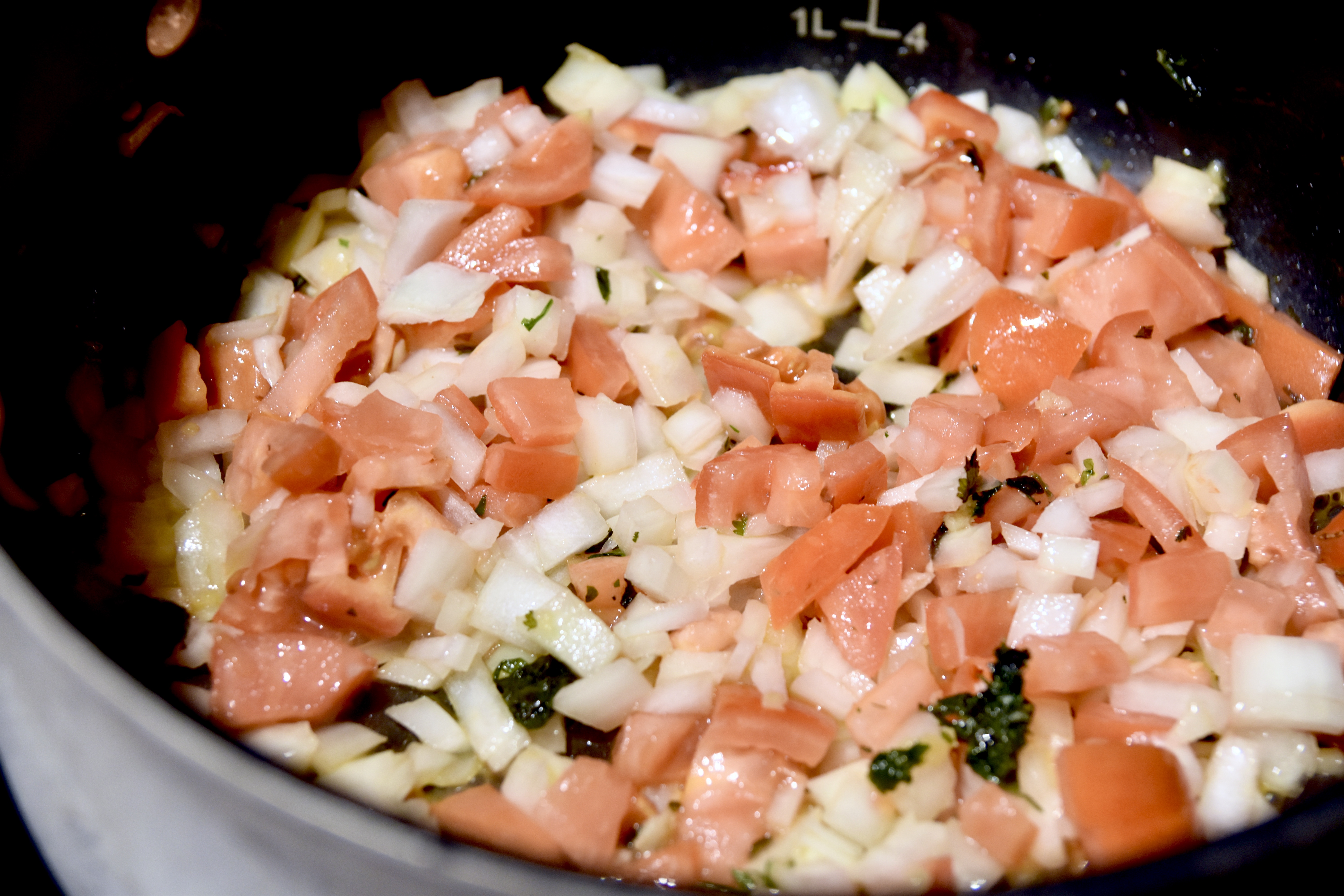 Tomatoes and onions fried with garlic