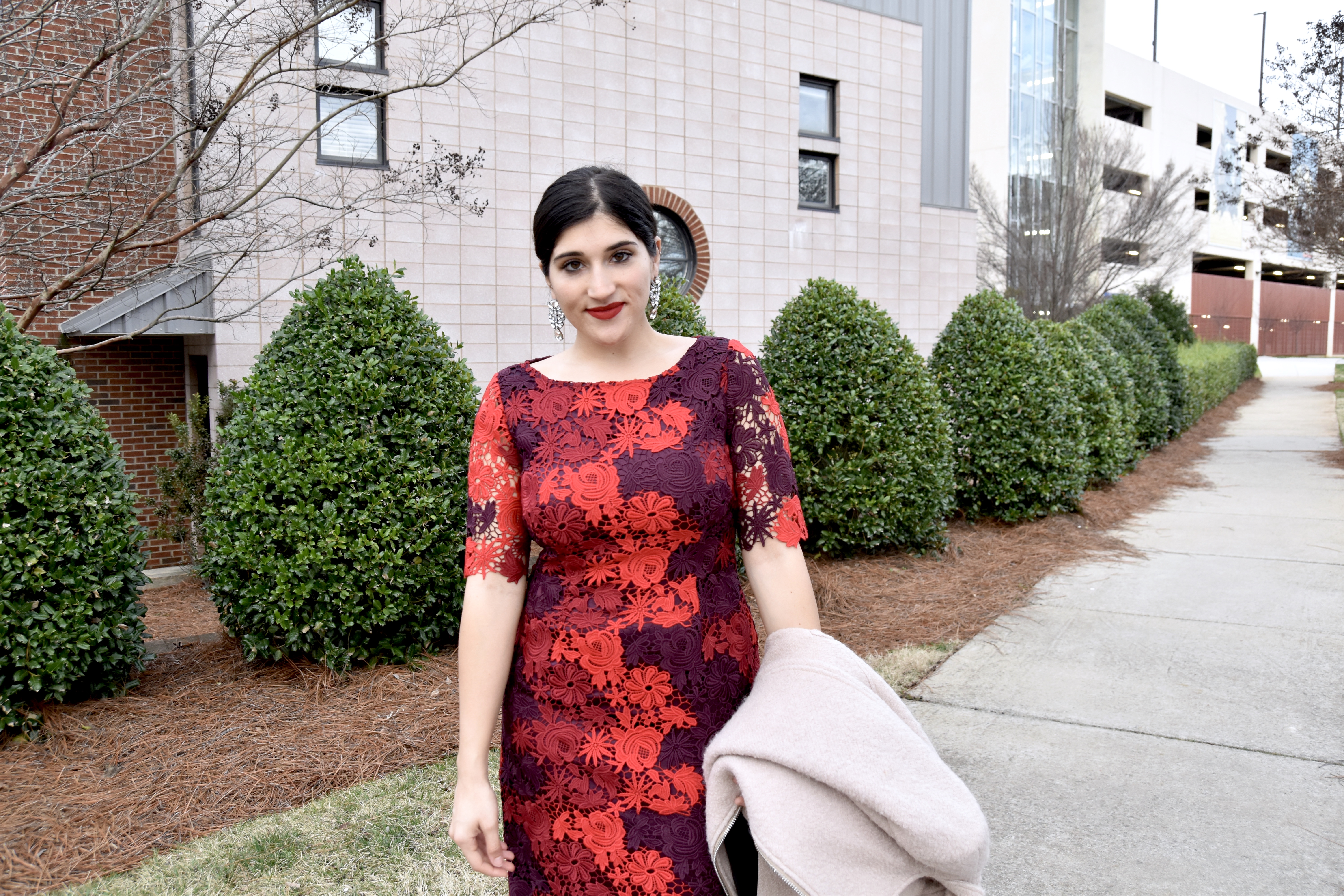 Aya in red Tahari dress for Valentines Day