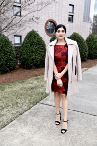 Aya in red Tahari dress for Valentines Day