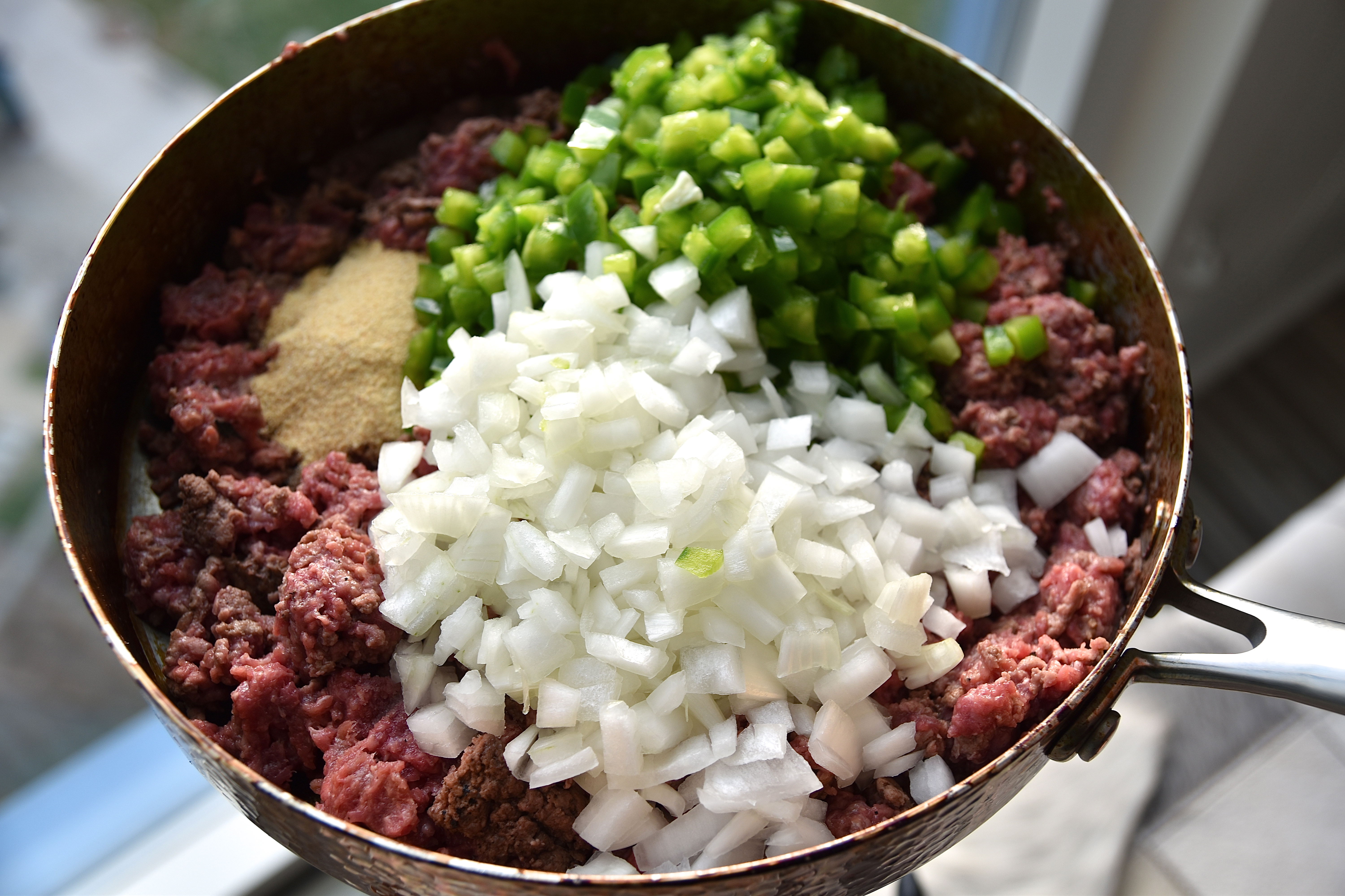 A2F meat with garlic powder, chopped onions & chopped bell peppers