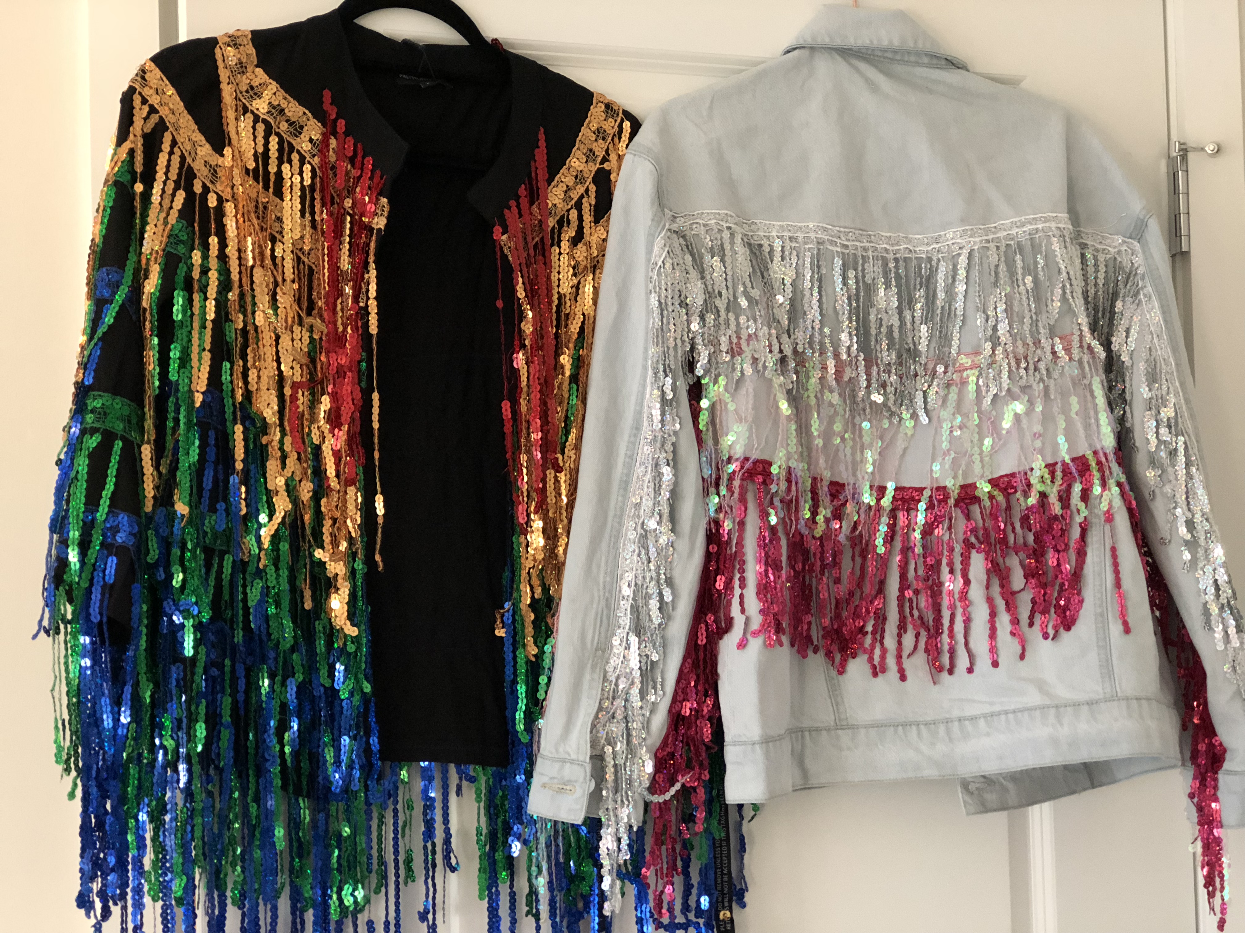 Right: Pretty Little Thing rainbow sequin jacket; Left: Missguided jean jacket with sequins 