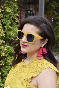 spring Yellow Anthropologie sunglasses, anthropologie tassel earrings