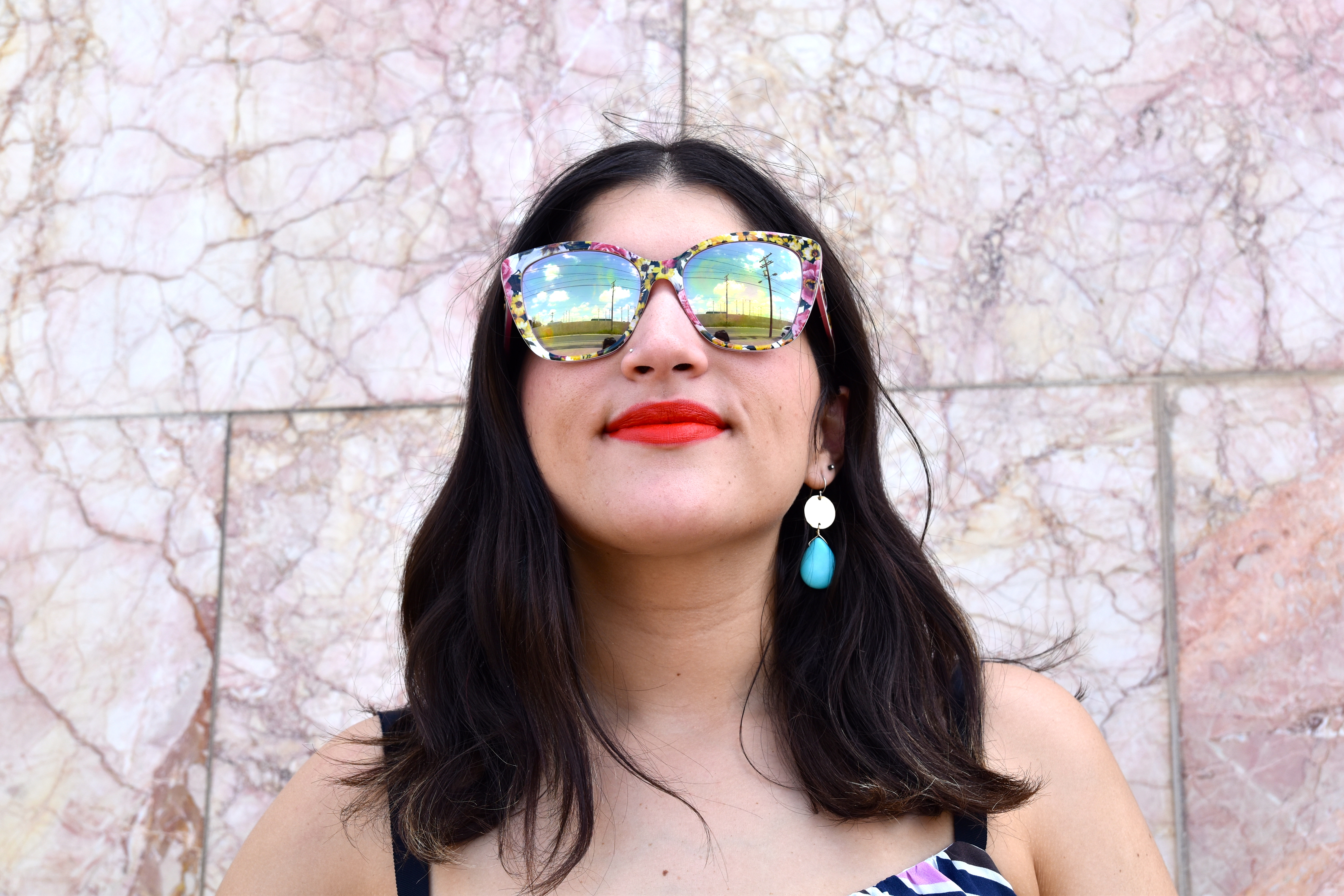 Dolce & Gabbana sunglasses, Theodosia earrings and 'Heat Wave' Nars lipstick