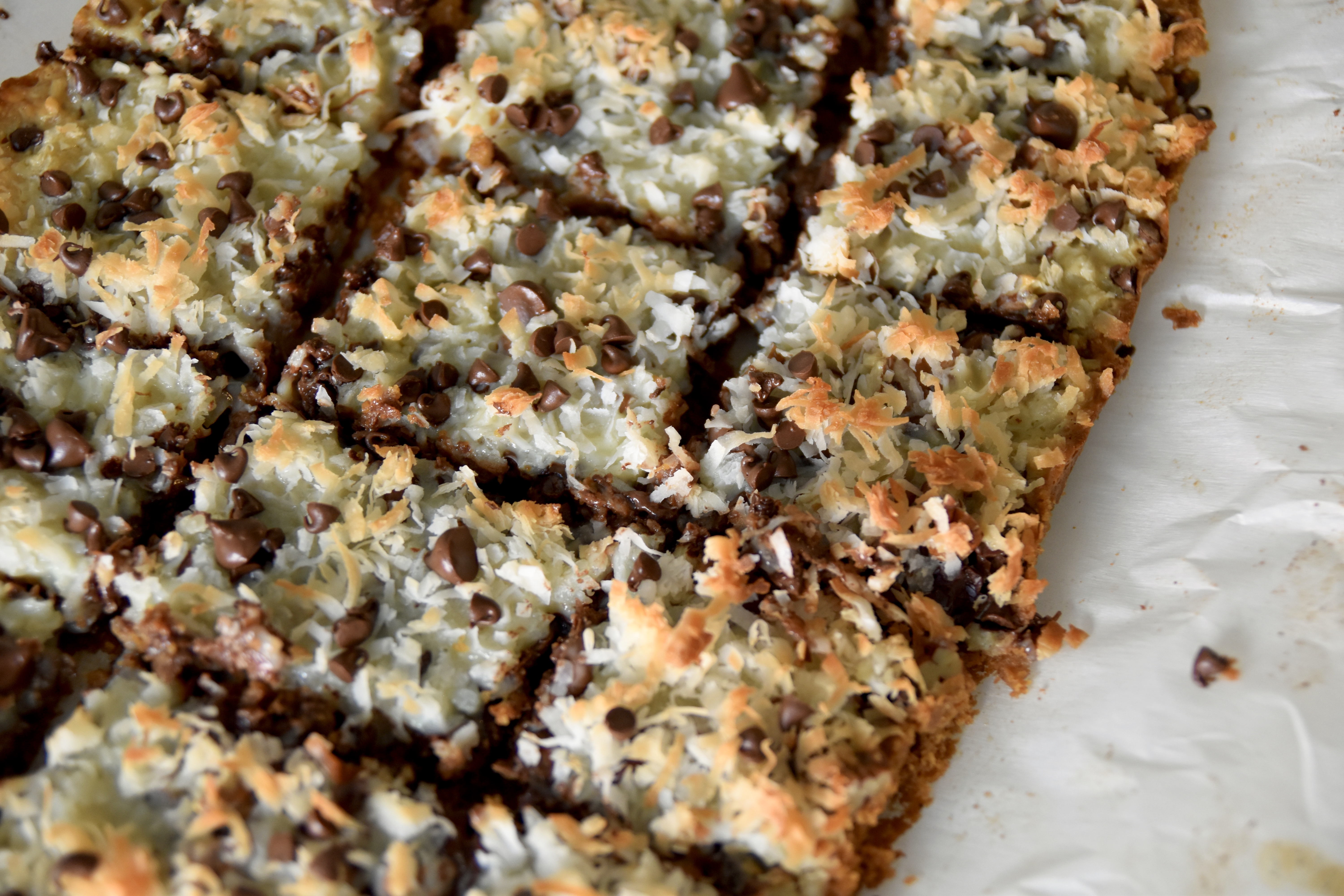 Graham cracker crust, chocolate, coconut, pecans, sweetened condensed milk