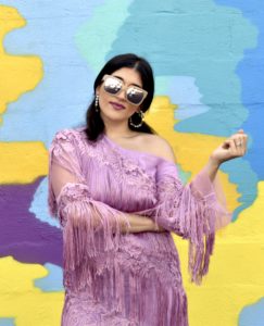 Aya dressed in ASOS fringe lavender dress