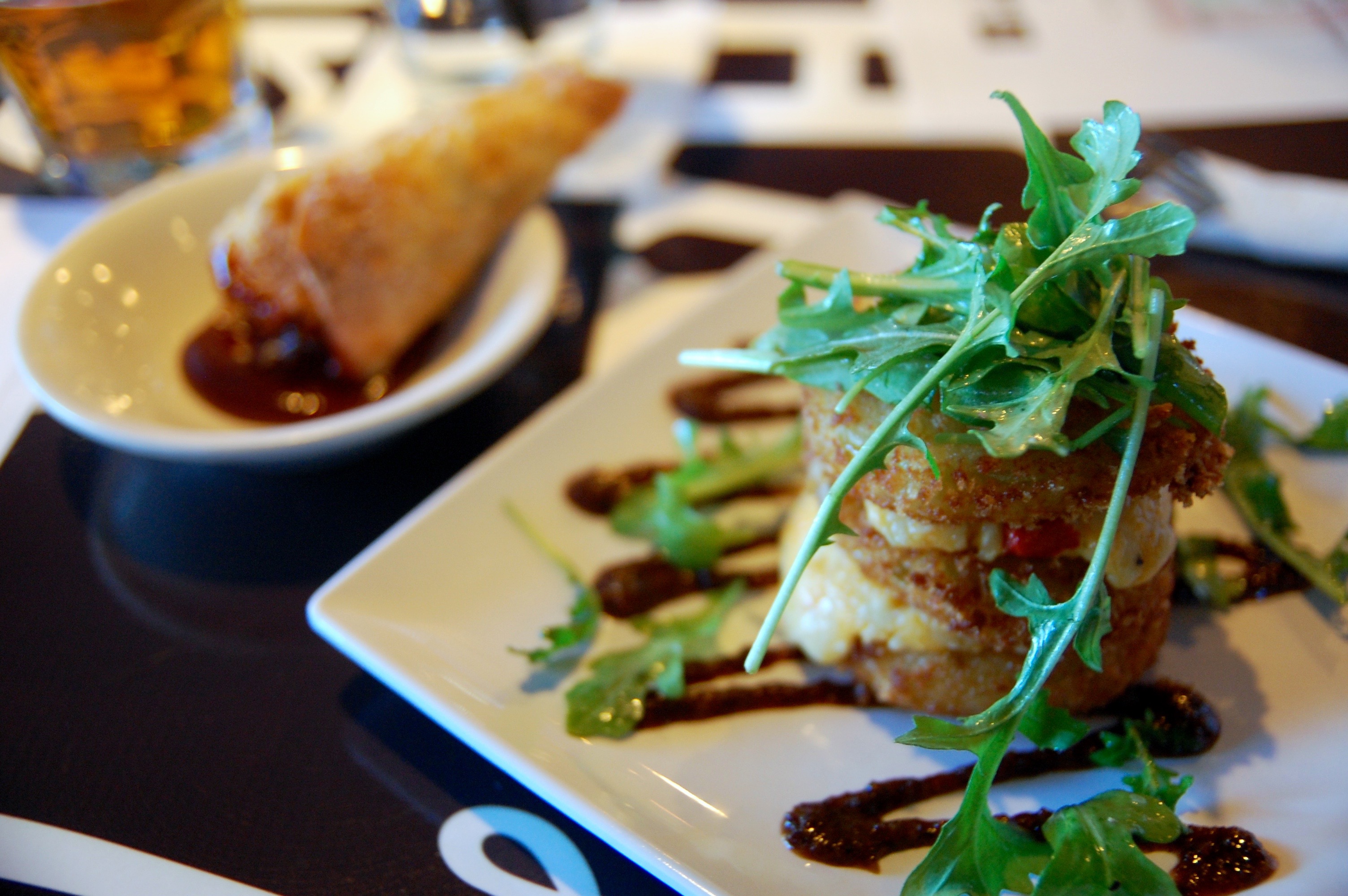 A2F Fried green tomatoes stacked with pimento cheese and arugula