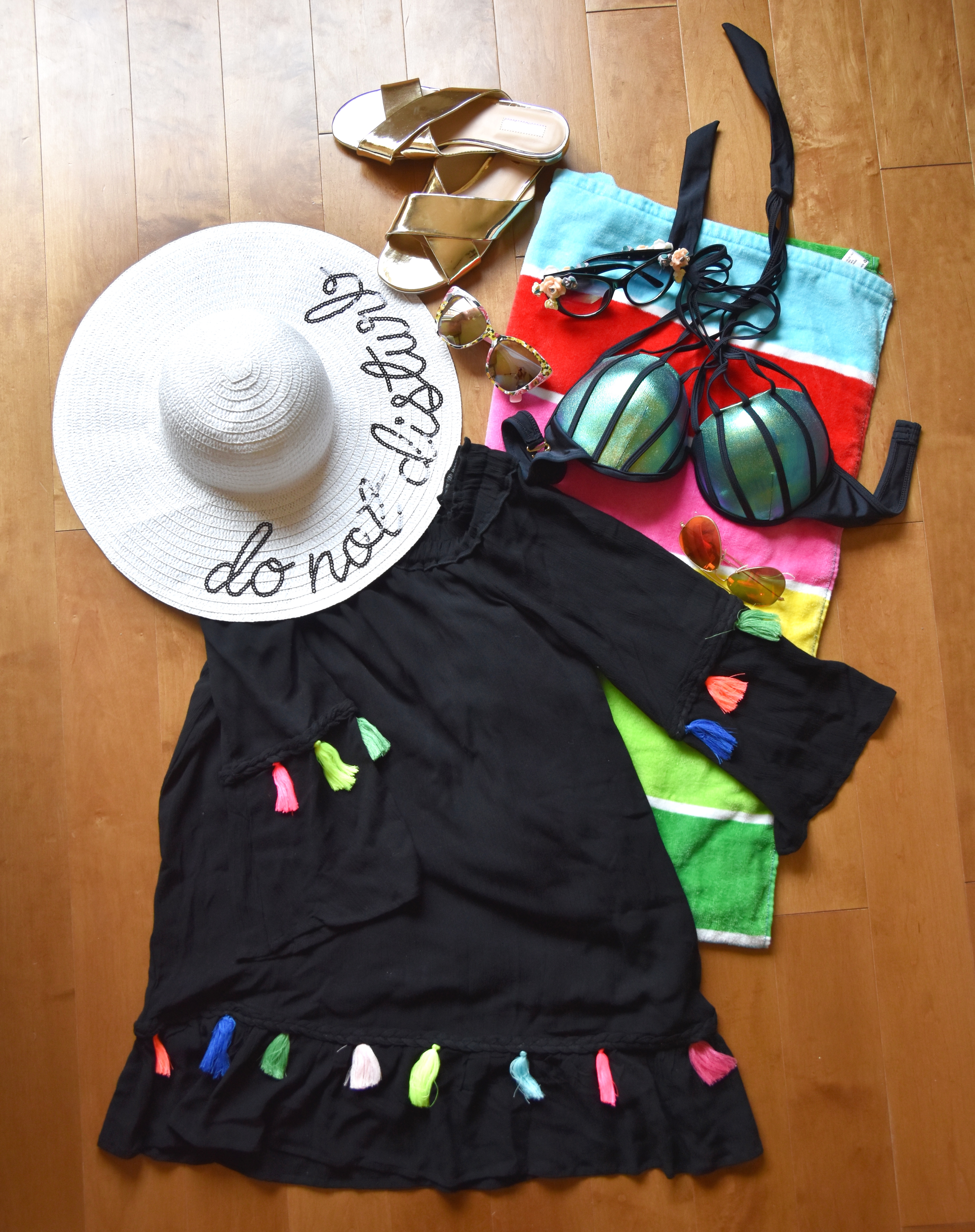 A2F What to Pack for a Bachelorette Weekend Swimwear including swimsuits, hats, cover ups, flip flops