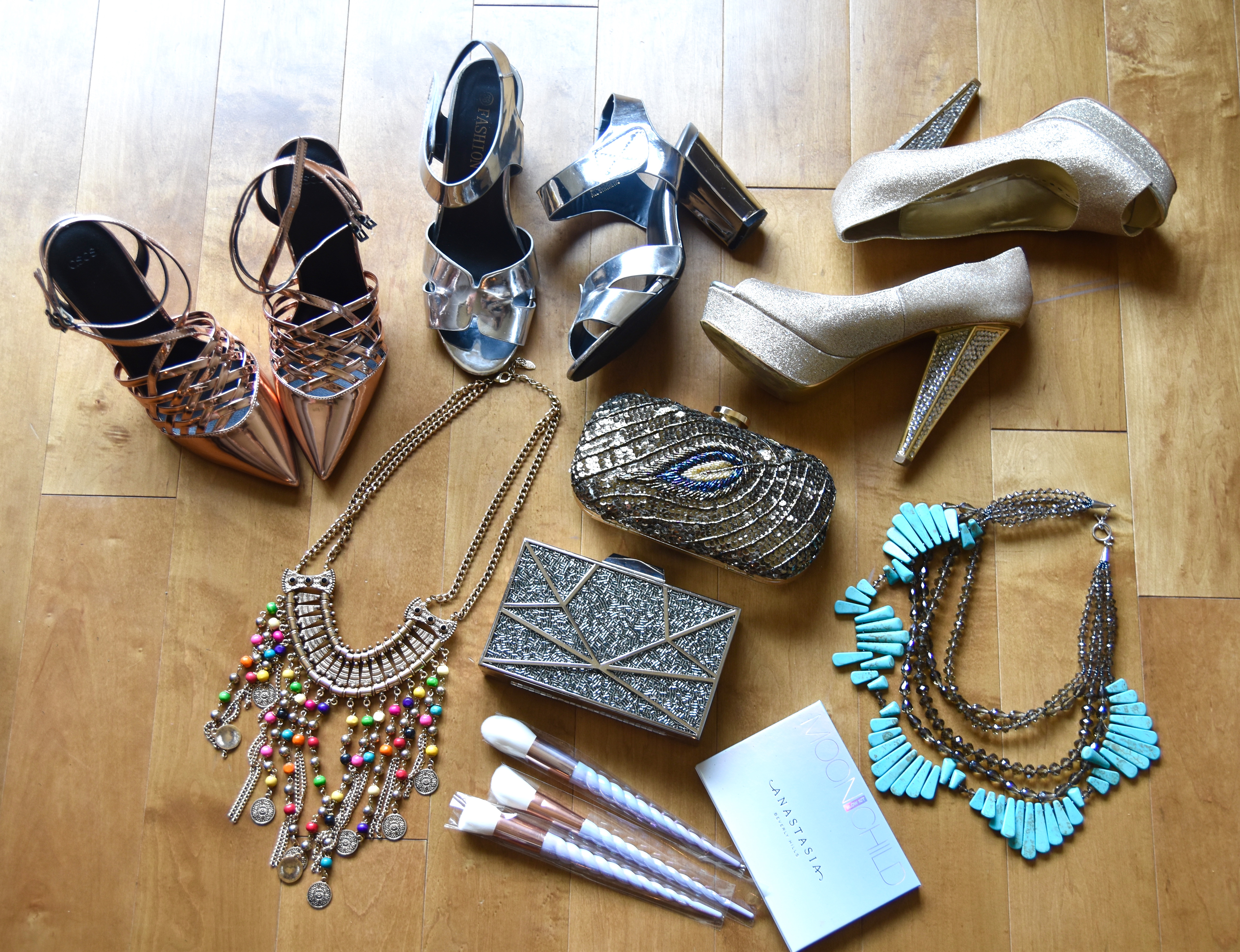 Metallic shoes, highlighting palette, necklaces, sequin clutches