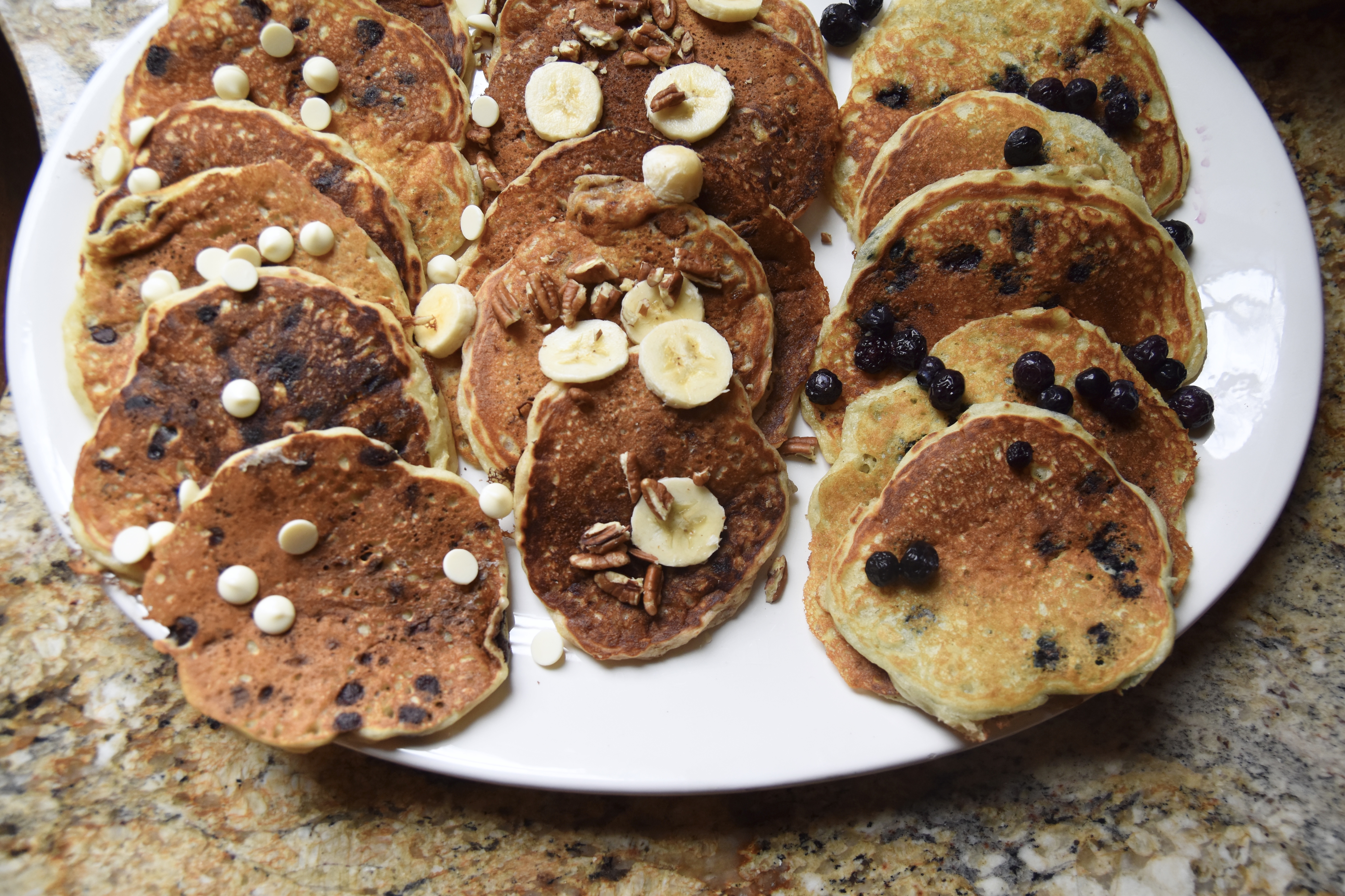 Chocolate chip pancakes, banana nut pancakes, and blueberry pancakes