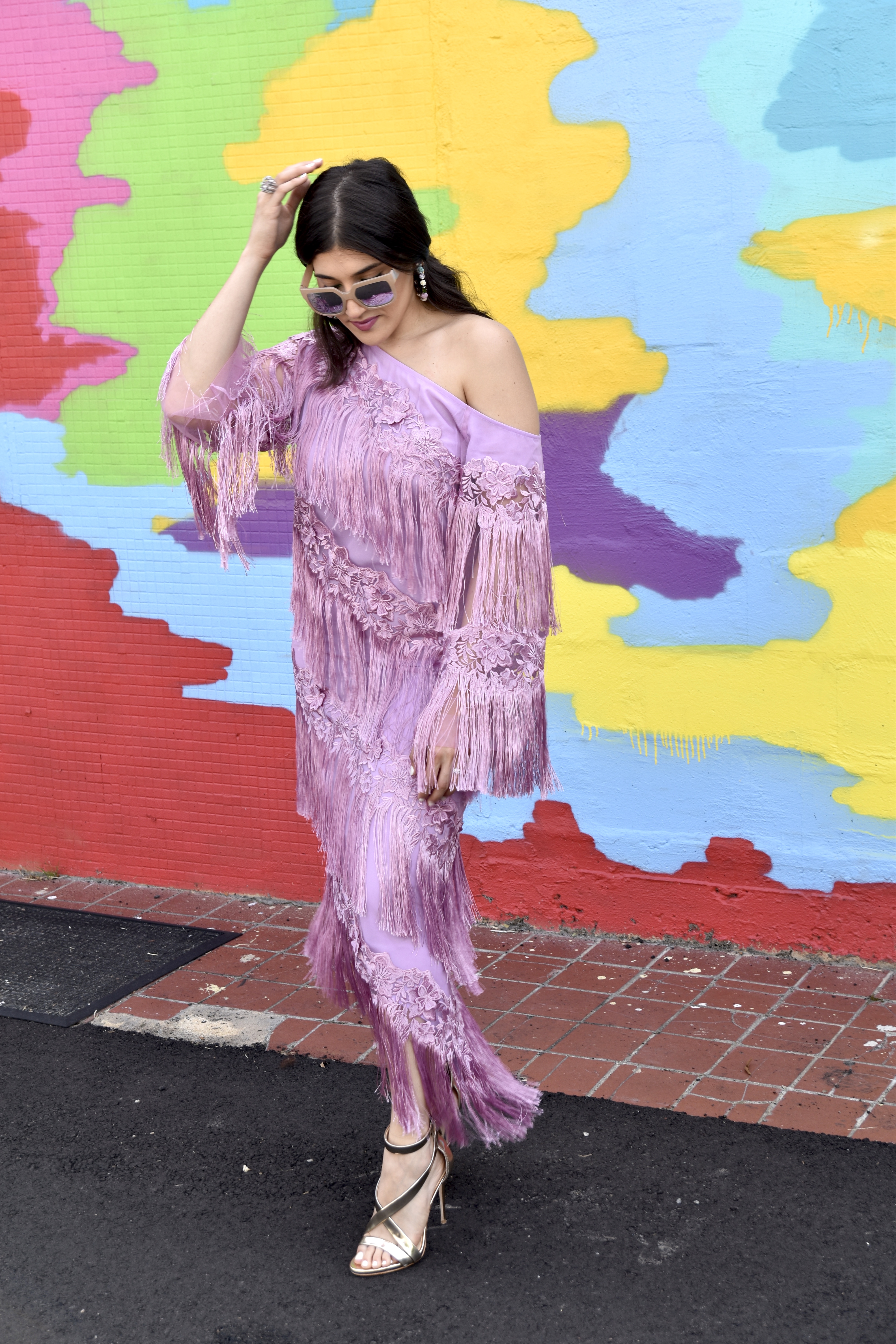 Aya dressed in ASOS fringe lavender dress