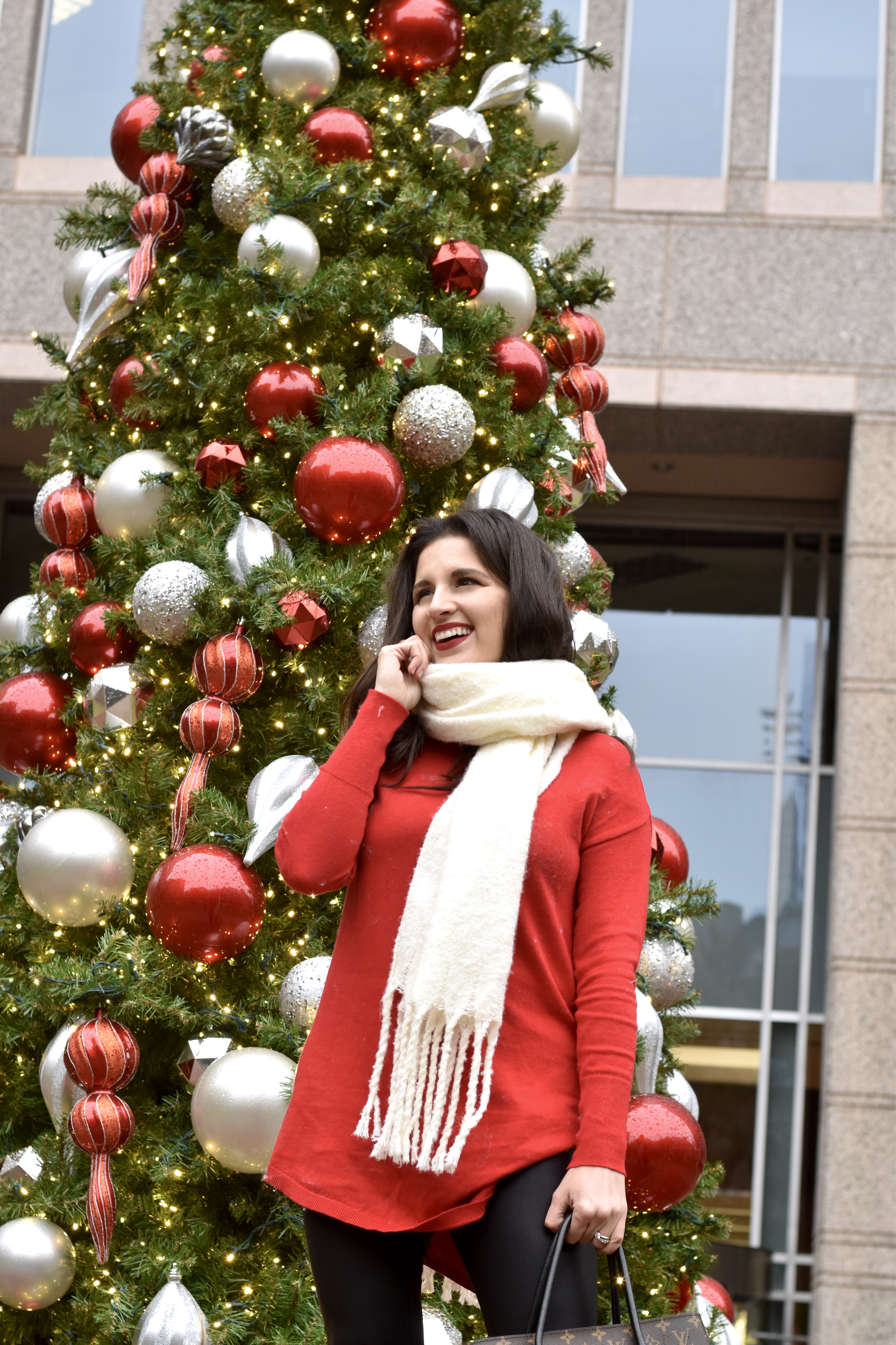 JC Penney Red look with white scarf