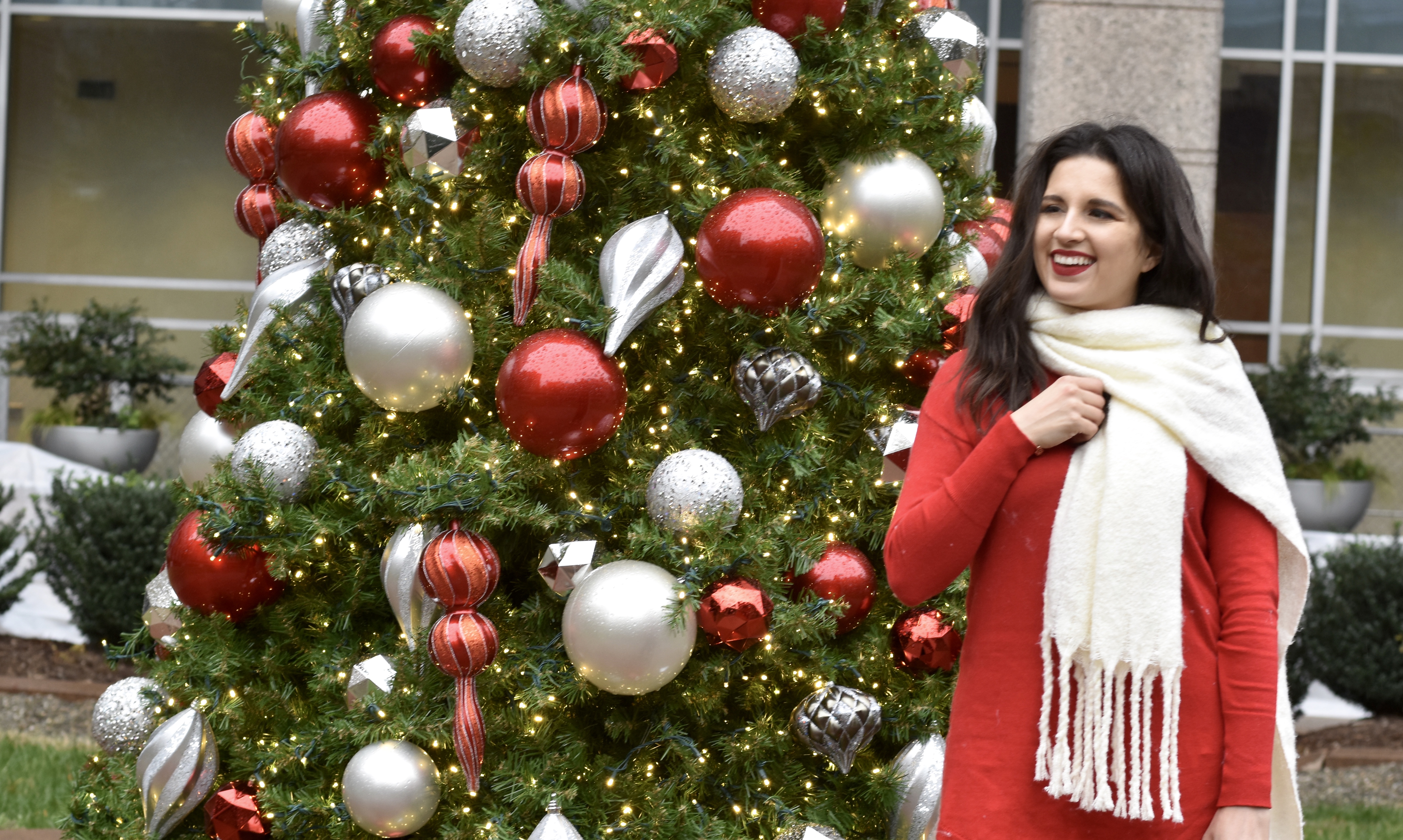 JC Penney Red look with white scarf