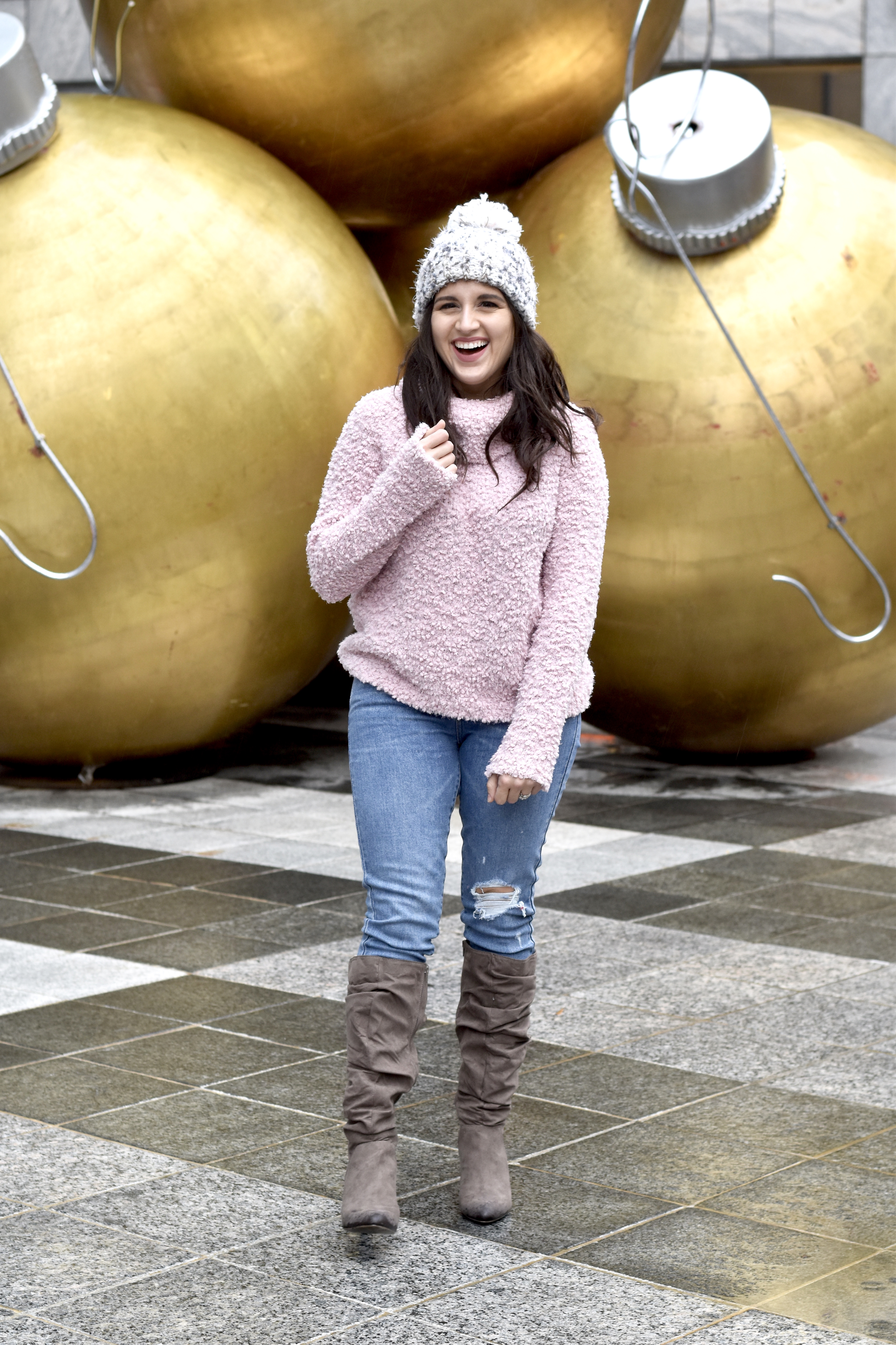 JC Penney Pink sweater and pom beanie