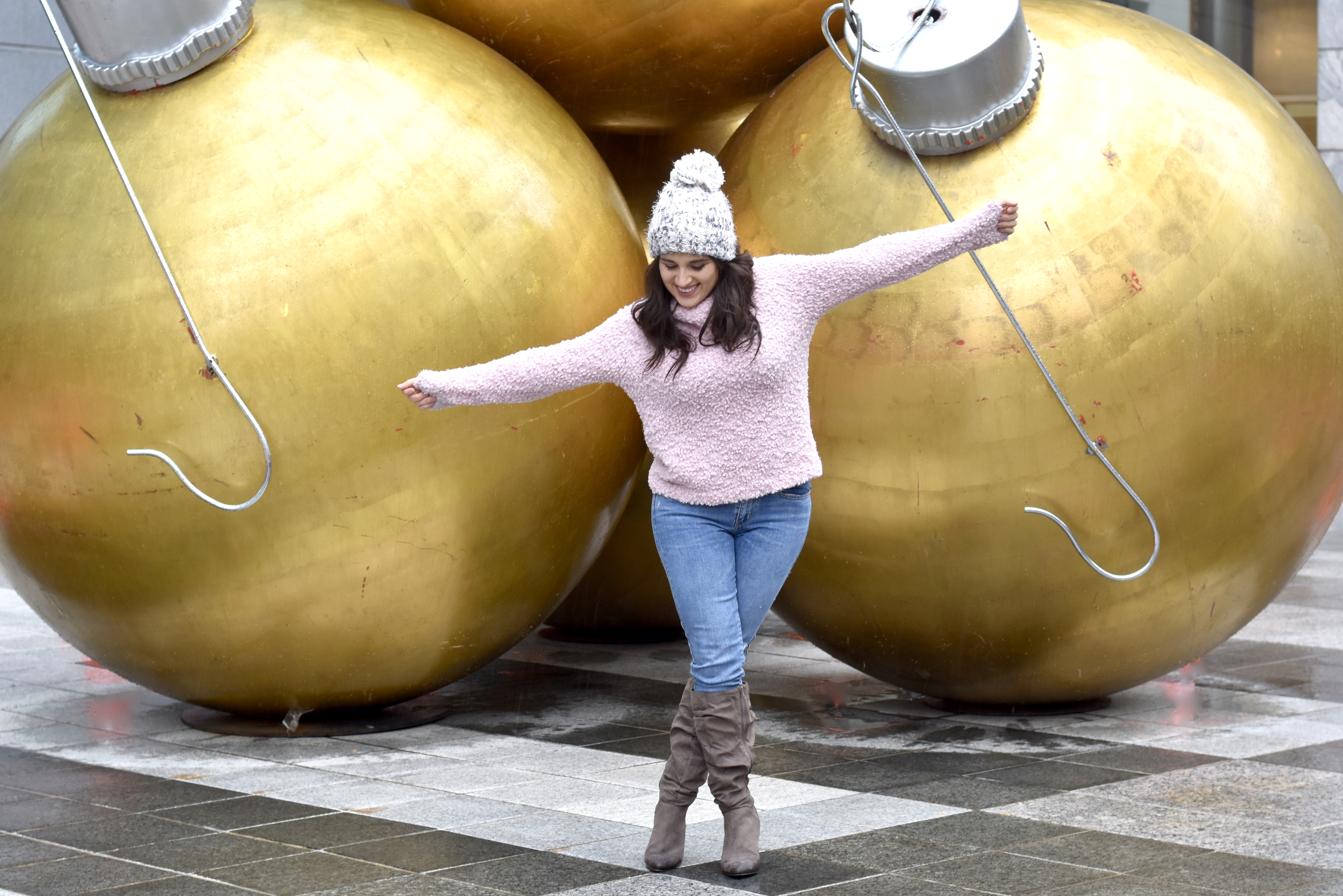 JC Penney Pink sweater and pom beanie