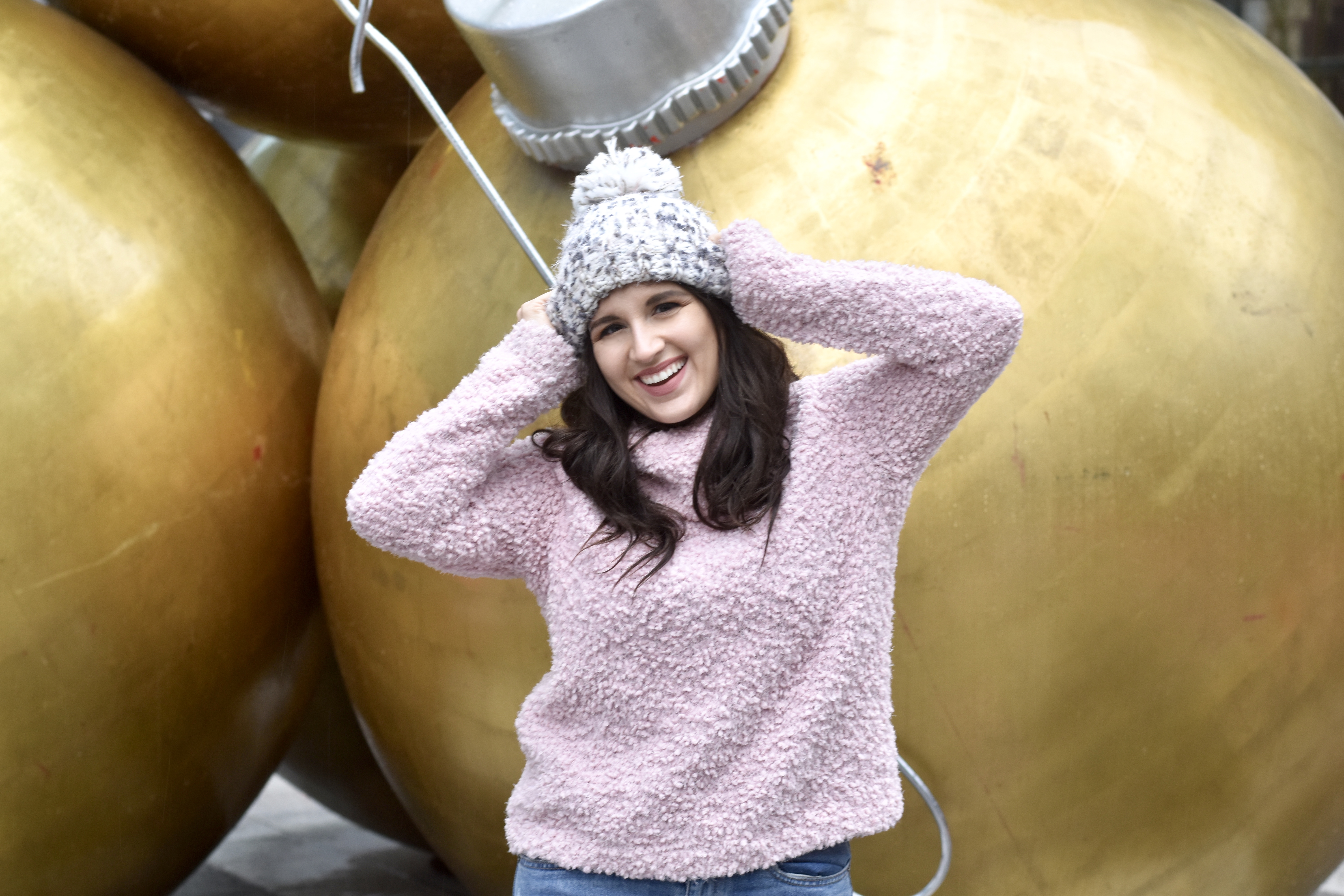 JC Penney Pink sweater and pom beanie