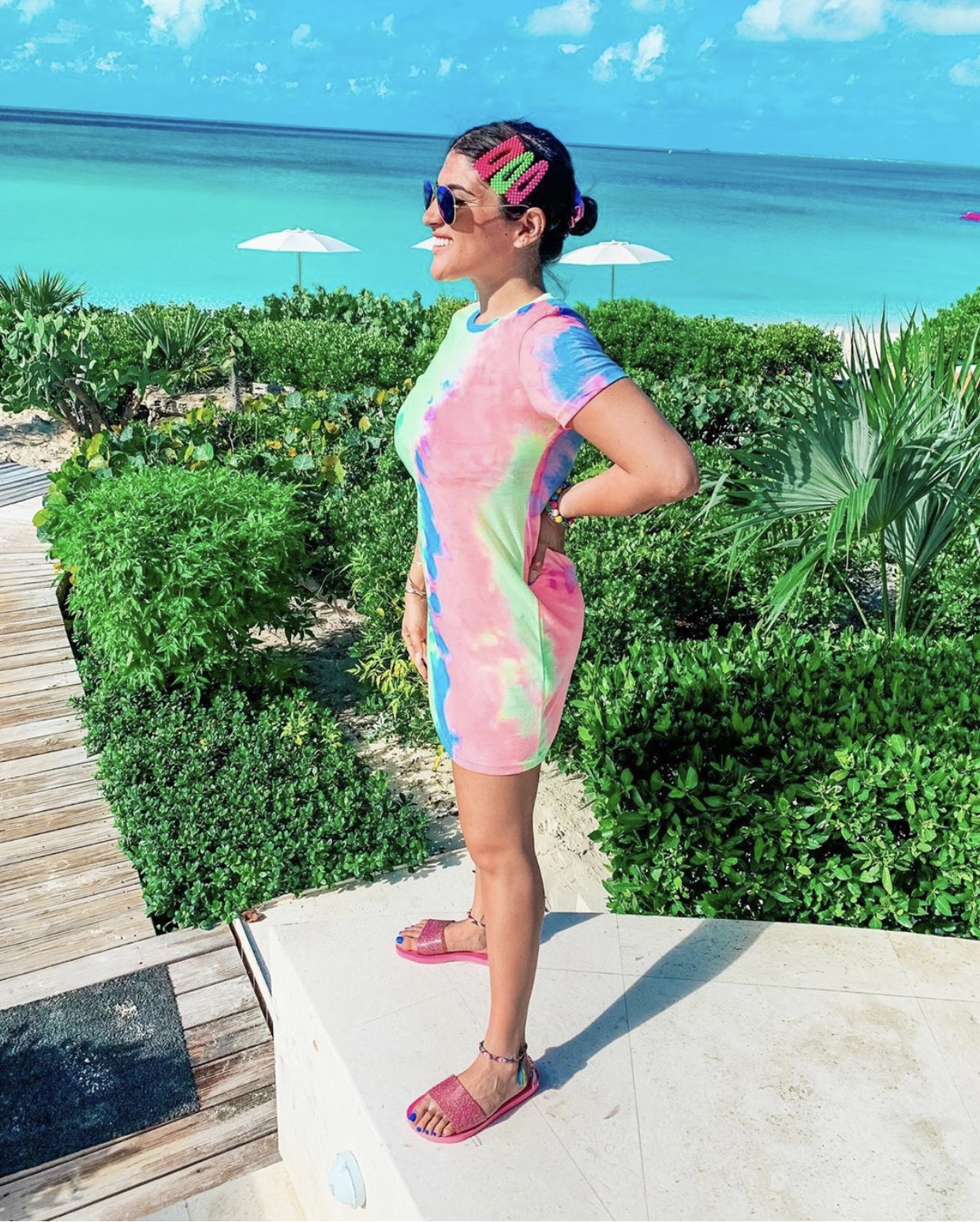 Aya wearing tie-dye t-shirt cover-up