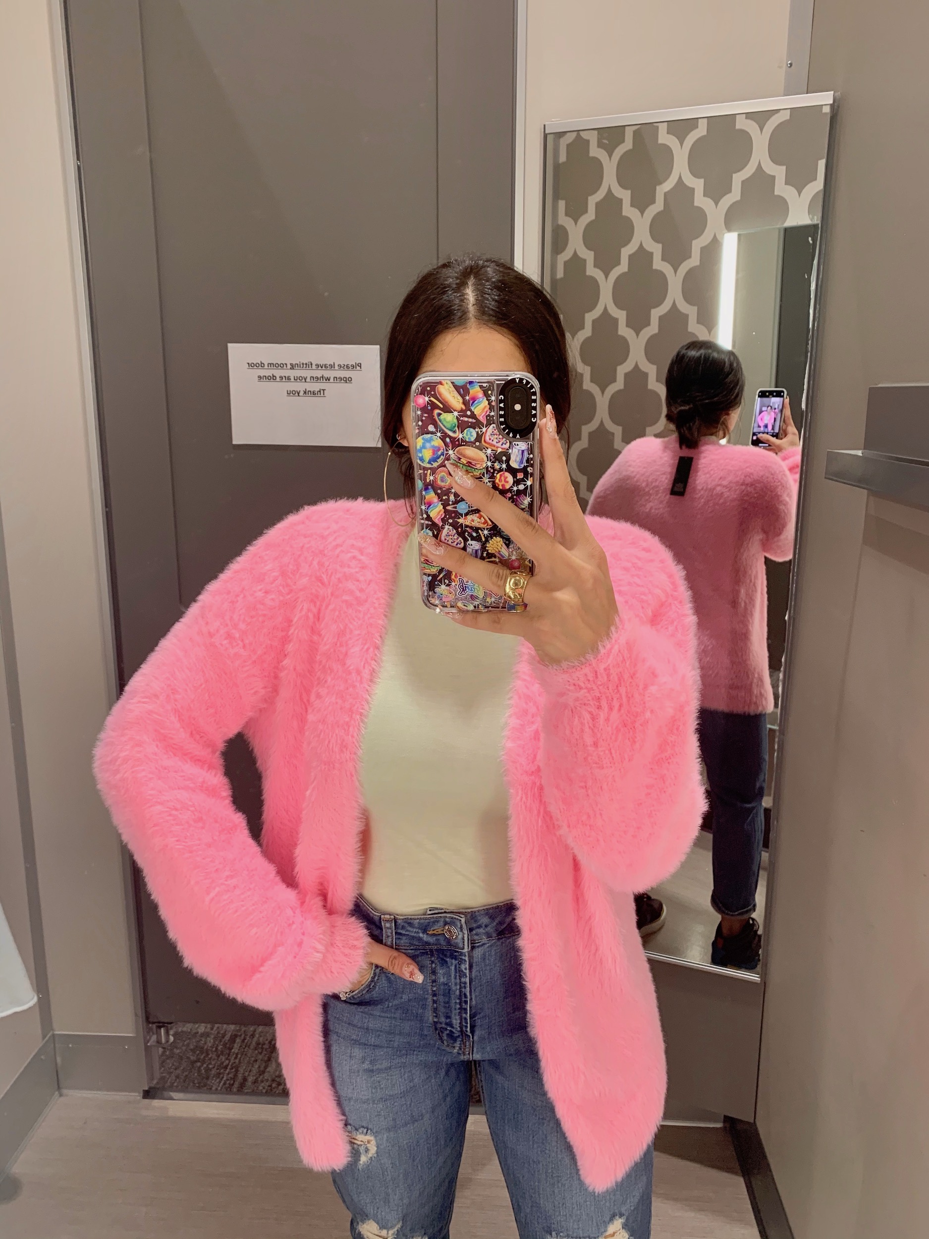 pink fuzzy cardigan