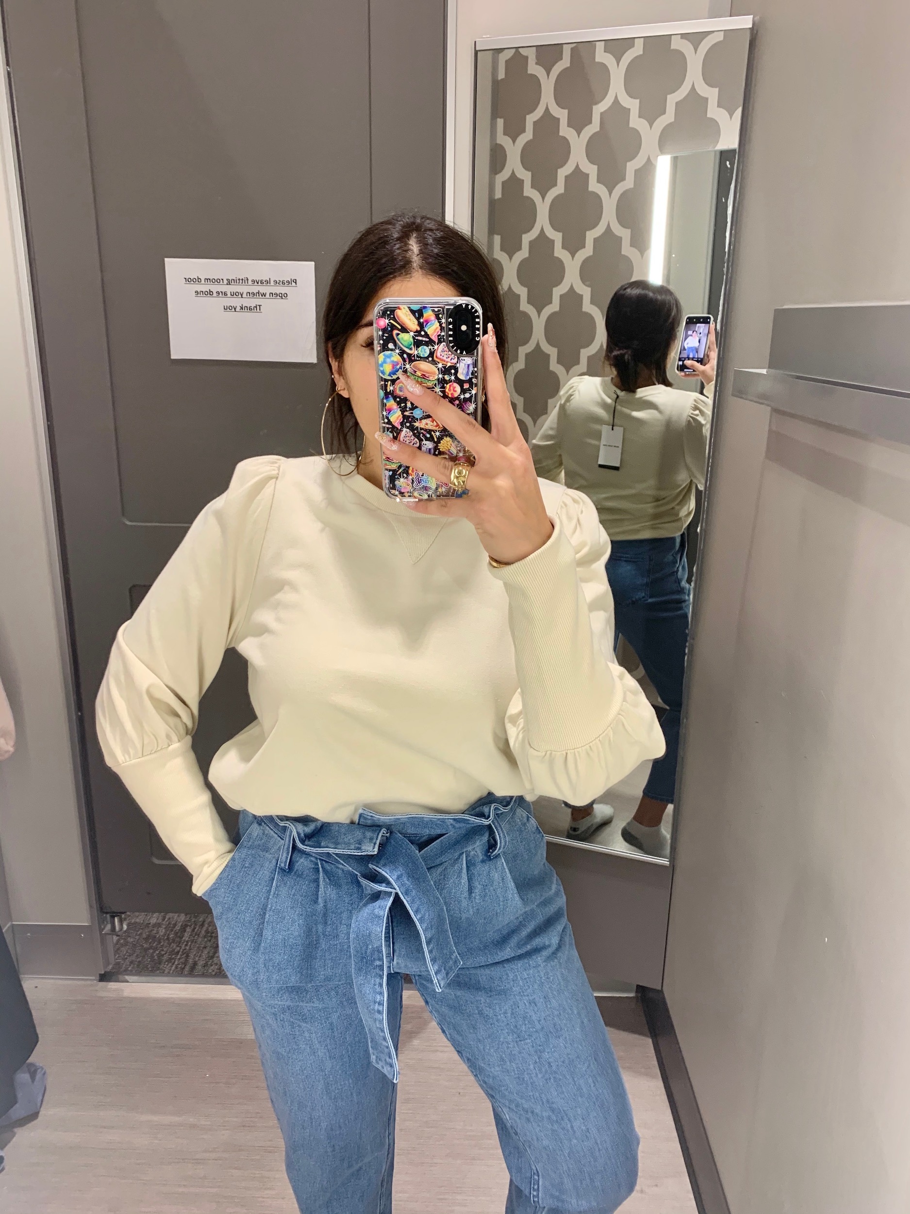 Mock turtle neck with paper bag denim pants